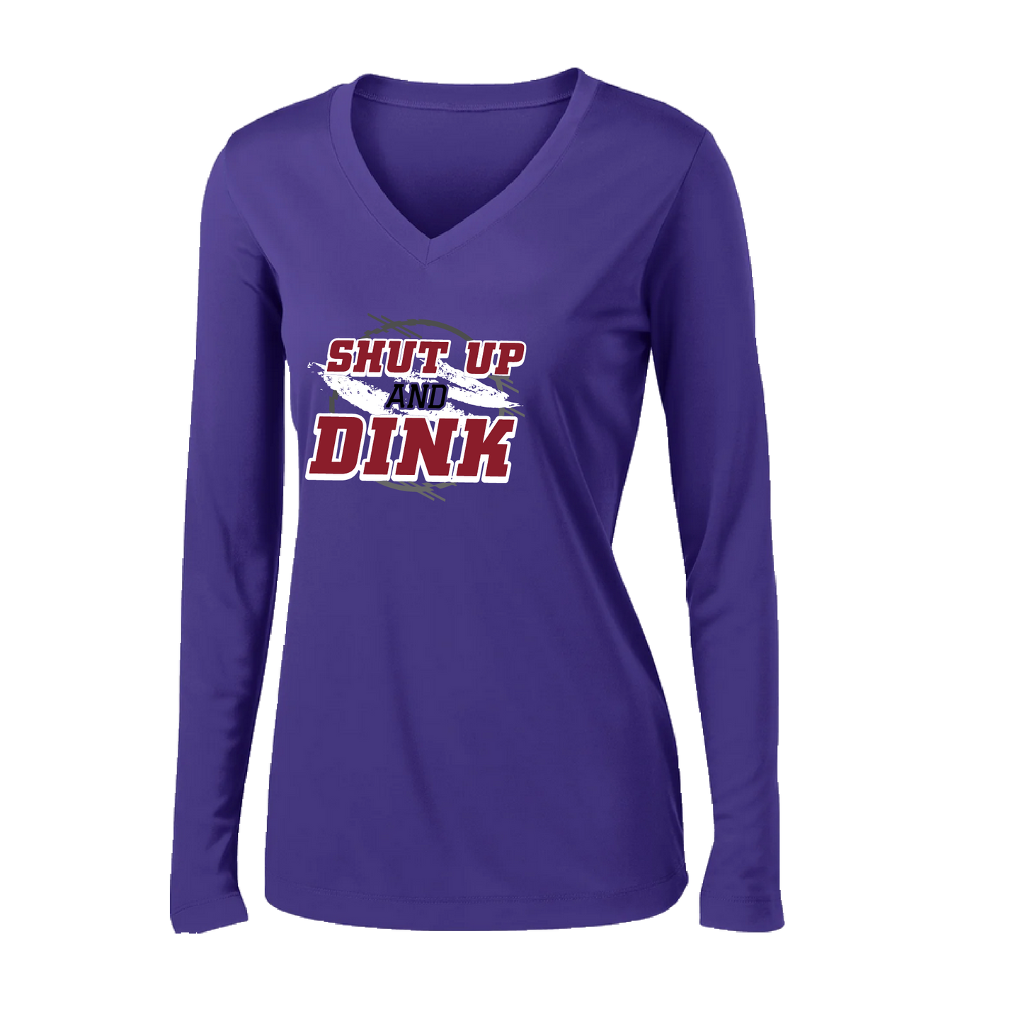 Pickleball Design: Shut up and Dink  Women's Styles: Long-Sleeve V-Neck  Turn up the volume in this Women's shirt with its perfect mix of softness and attitude. Material is ultra-comfortable with moisture wicking properties and tri-blend softness. PosiCharge technology locks in color. Highly breathable and lightweight.