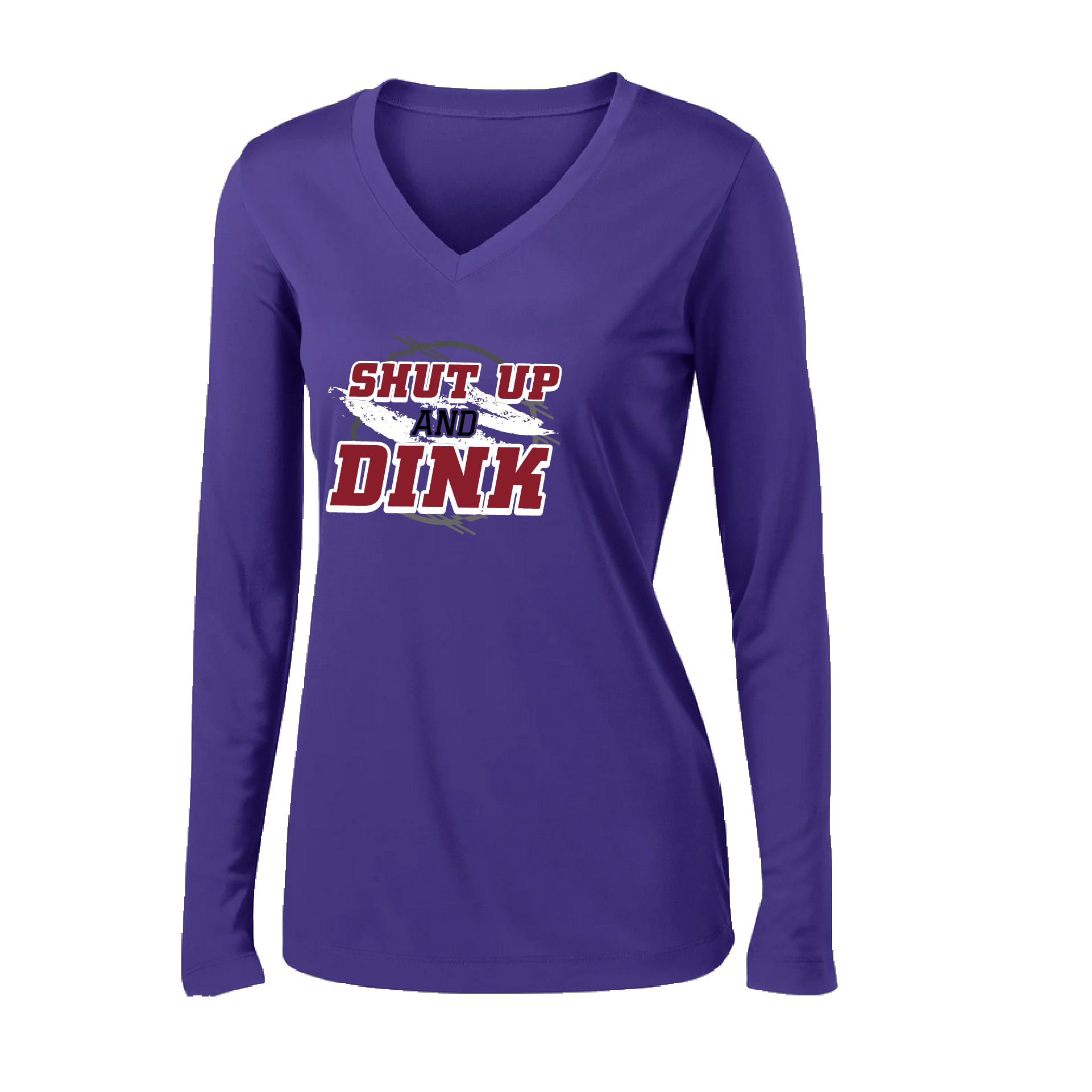 Pickleball Design: Shut up and Dink  Women's Styles: Long-Sleeve V-Neck  Turn up the volume in this Women's shirt with its perfect mix of softness and attitude. Material is ultra-comfortable with moisture wicking properties and tri-blend softness. PosiCharge technology locks in color. Highly breathable and lightweight.