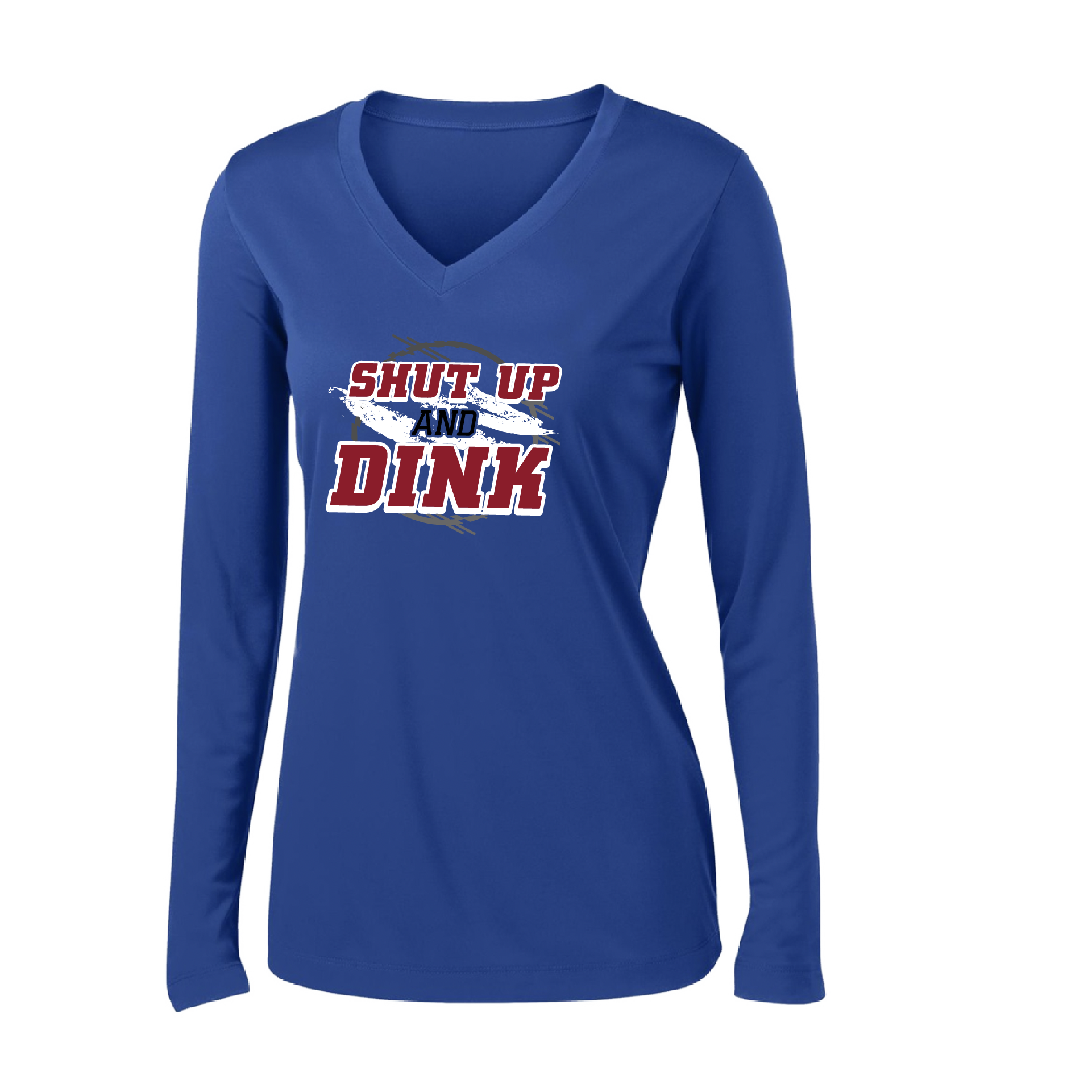 Pickleball Design: Shut up and Dink  Women's Styles: Long-Sleeve V-Neck  Turn up the volume in this Women's shirt with its perfect mix of softness and attitude. Material is ultra-comfortable with moisture wicking properties and tri-blend softness. PosiCharge technology locks in color. Highly breathable and lightweight.