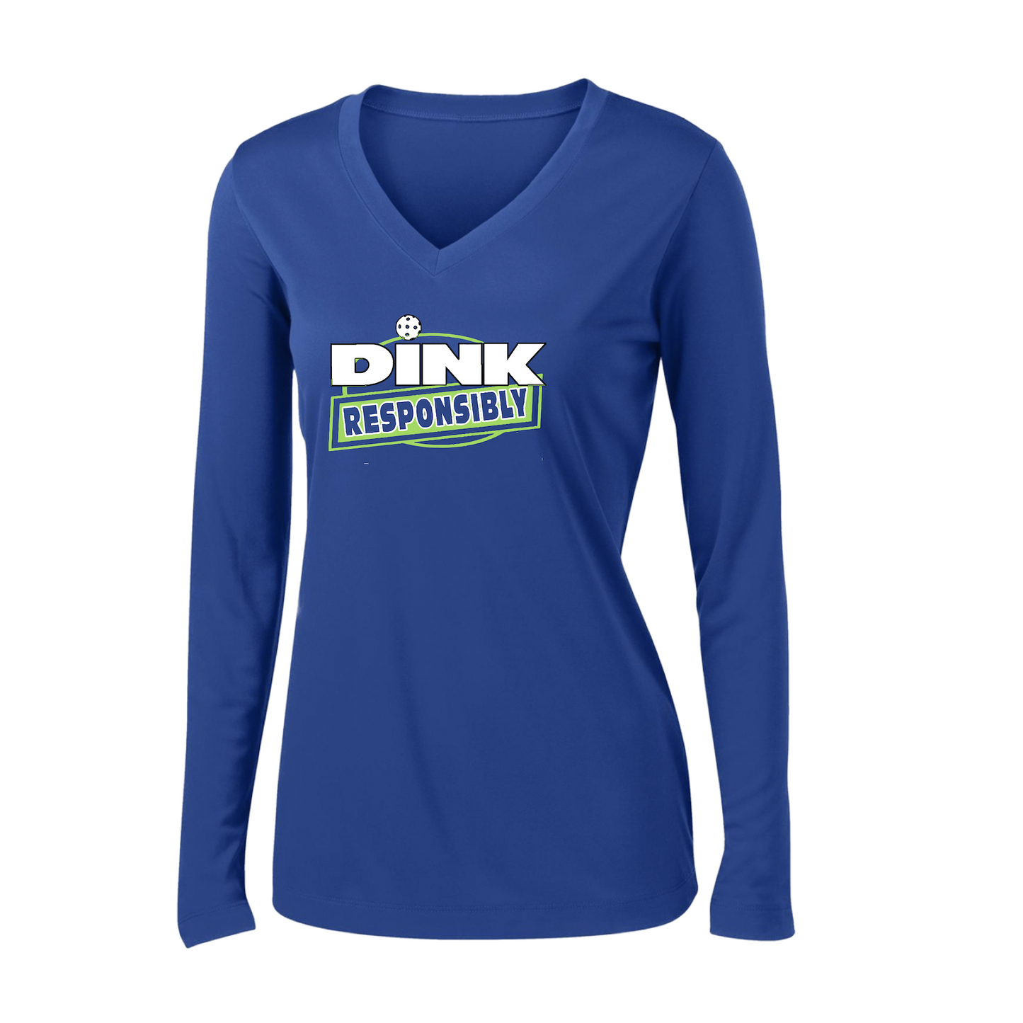 Pickleball Design: Dink Responsibly  Women's Style: Long Sleeve V-Neck  Turn up the volume in this Women's shirt with its perfect mix of softness and attitude. Material is ultra-comfortable with moisture wicking properties and tri-blend softness. PosiCharge technology locks in color. Highly breathable and lightweight.