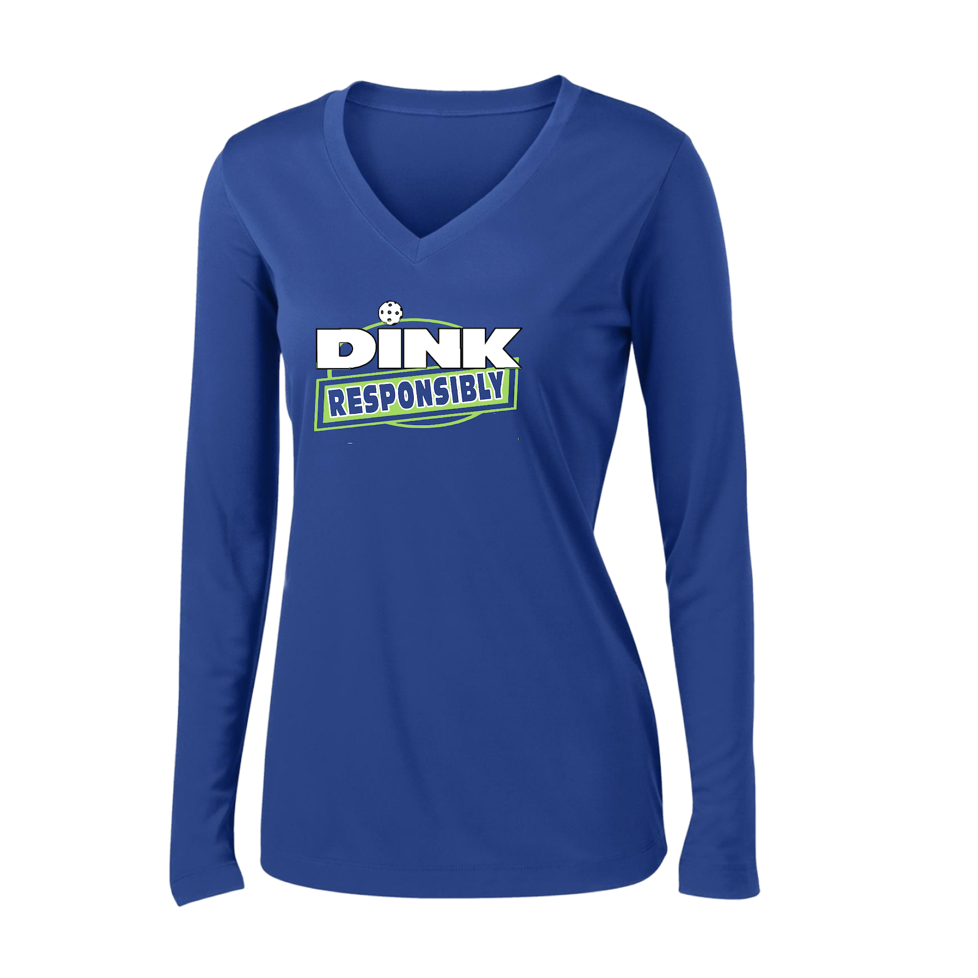 Pickleball Design: Dink Responsibly  Women's Style: Long Sleeve V-Neck  Turn up the volume in this Women's shirt with its perfect mix of softness and attitude. Material is ultra-comfortable with moisture wicking properties and tri-blend softness. PosiCharge technology locks in color. Highly breathable and lightweight.