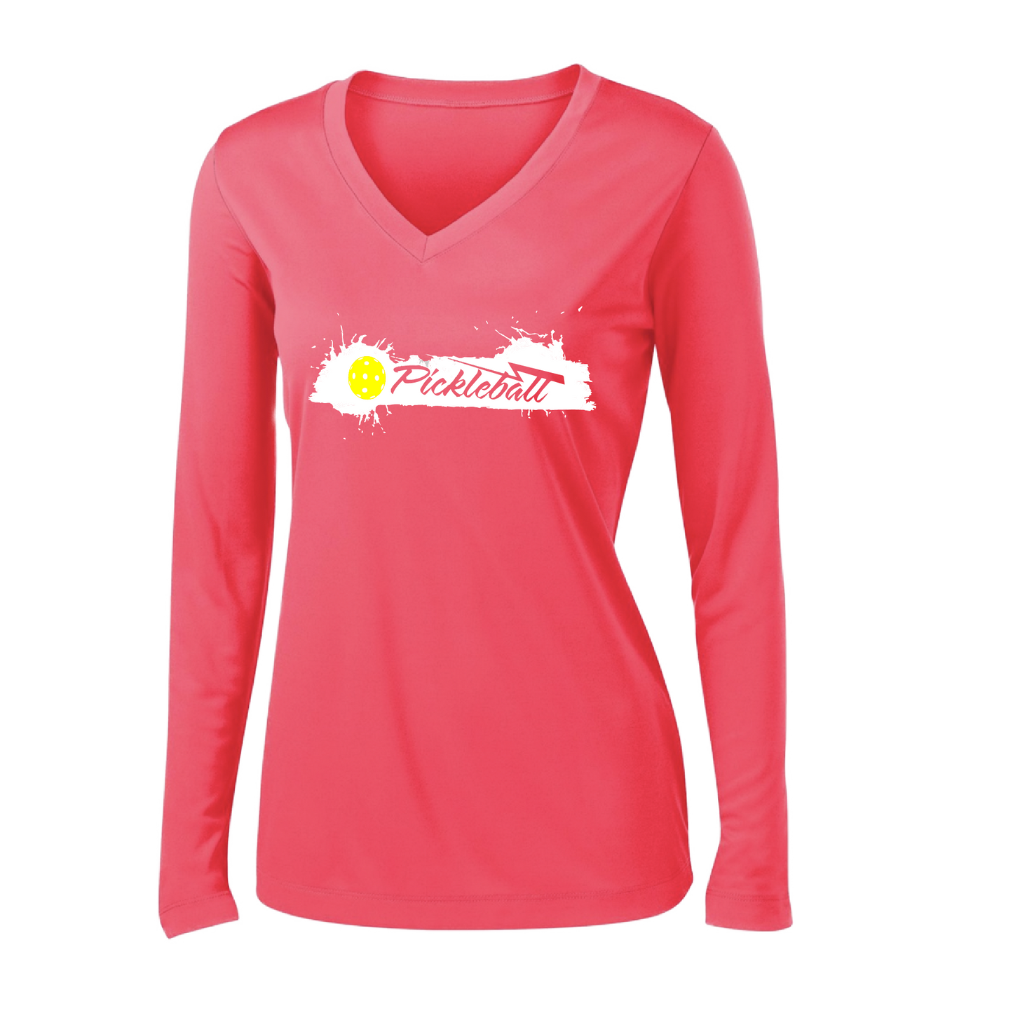 Pickleball Design: Extreme  Women's Styles: Long Sleeve V-Neck  Turn up the volume in this Women's shirt with its perfect mix of softness and attitude. Material is ultra-comfortable with moisture wicking properties and tri-blend softness. PosiCharge technology locks in color. Highly breathable and lightweight.