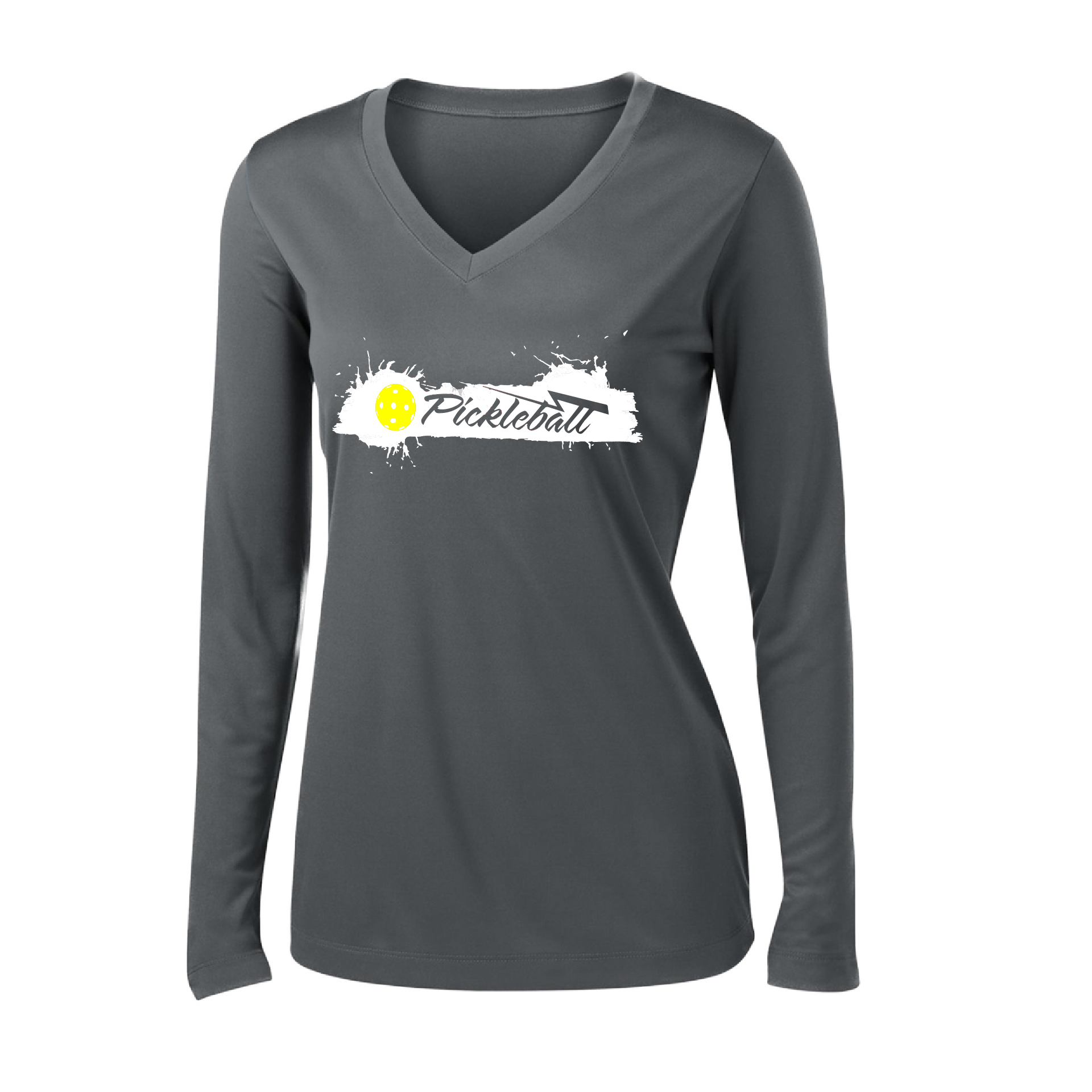 Pickleball Design: Extreme  Women's Styles: Long Sleeve V-Neck  Turn up the volume in this Women's shirt with its perfect mix of softness and attitude. Material is ultra-comfortable with moisture wicking properties and tri-blend softness. PosiCharge technology locks in color. Highly breathable and lightweight.