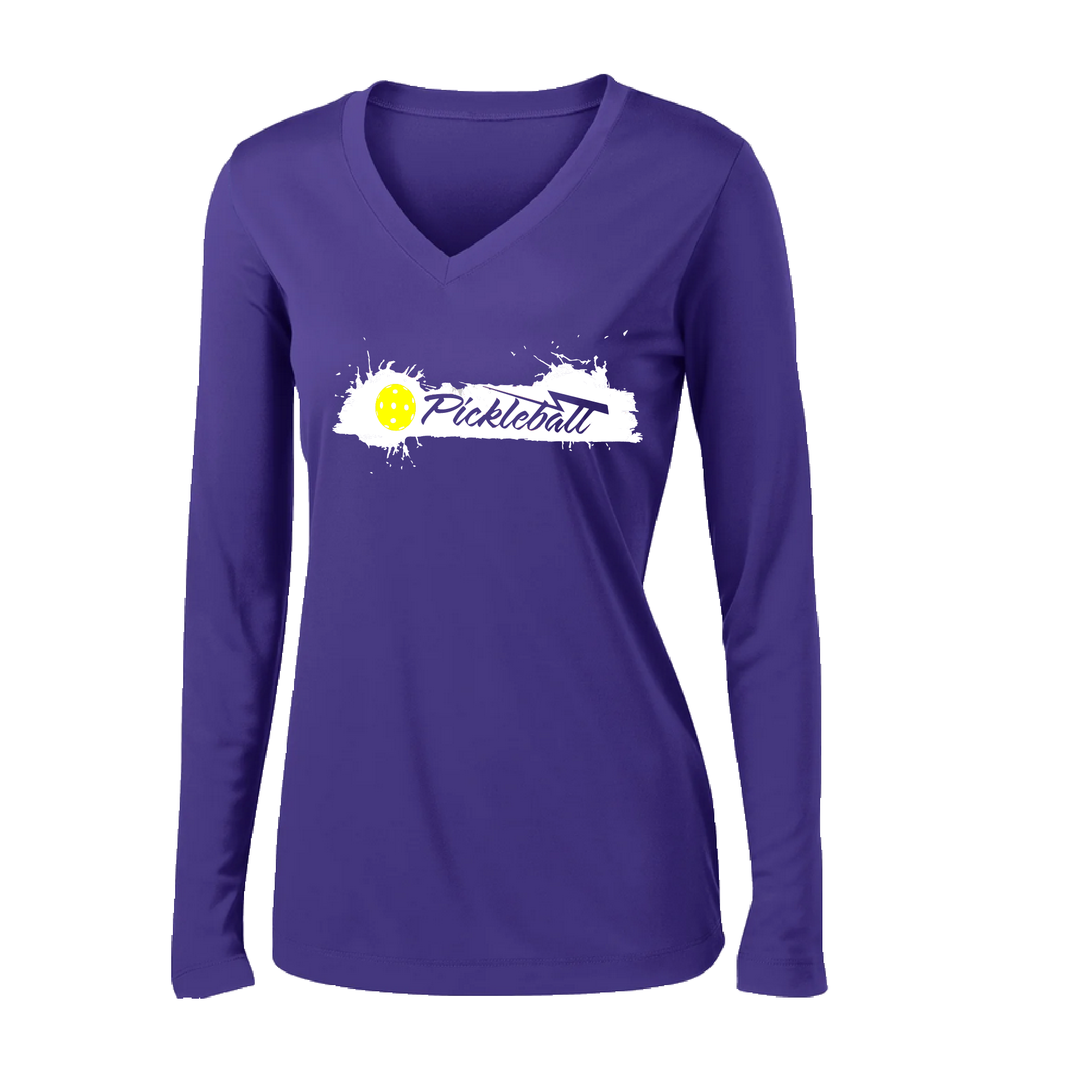 Pickleball Design: Extreme  Women's Styles: Long Sleeve V-Neck  Turn up the volume in this Women's shirt with its perfect mix of softness and attitude. Material is ultra-comfortable with moisture wicking properties and tri-blend softness. PosiCharge technology locks in color. Highly breathable and lightweight.