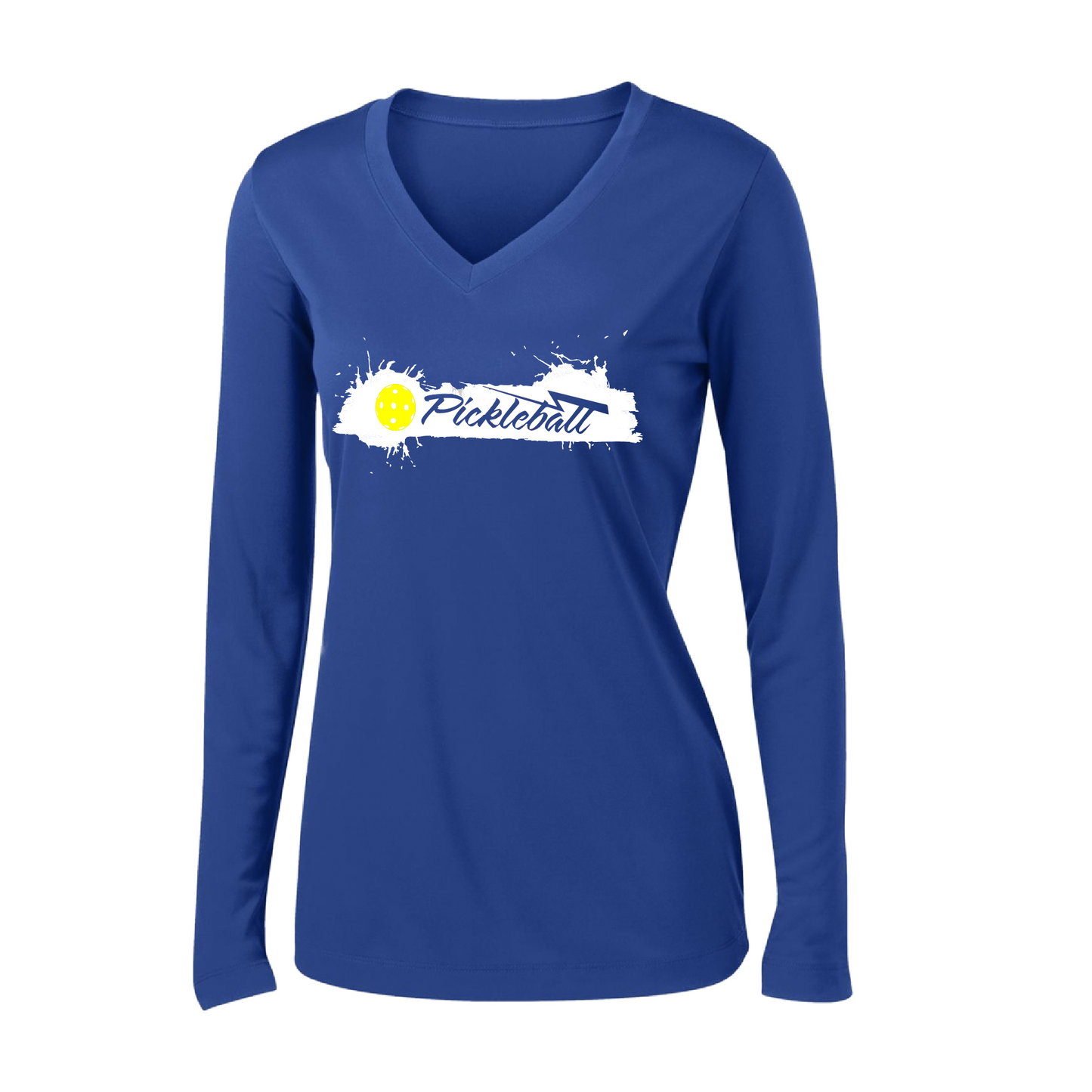 Pickleball Design: Extreme  Women's Styles: Long Sleeve V-Neck  Turn up the volume in this Women's shirt with its perfect mix of softness and attitude. Material is ultra-comfortable with moisture wicking properties and tri-blend softness. PosiCharge technology locks in color. Highly breathable and lightweight.