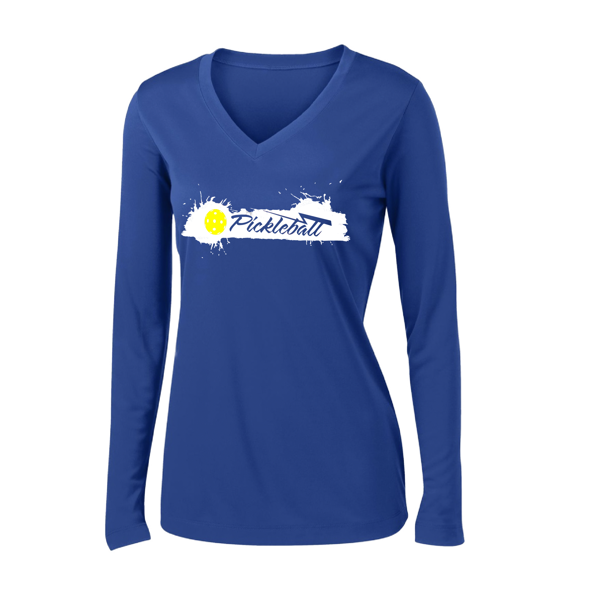 Pickleball Design: Extreme  Women's Styles: Long Sleeve V-Neck  Turn up the volume in this Women's shirt with its perfect mix of softness and attitude. Material is ultra-comfortable with moisture wicking properties and tri-blend softness. PosiCharge technology locks in color. Highly breathable and lightweight.