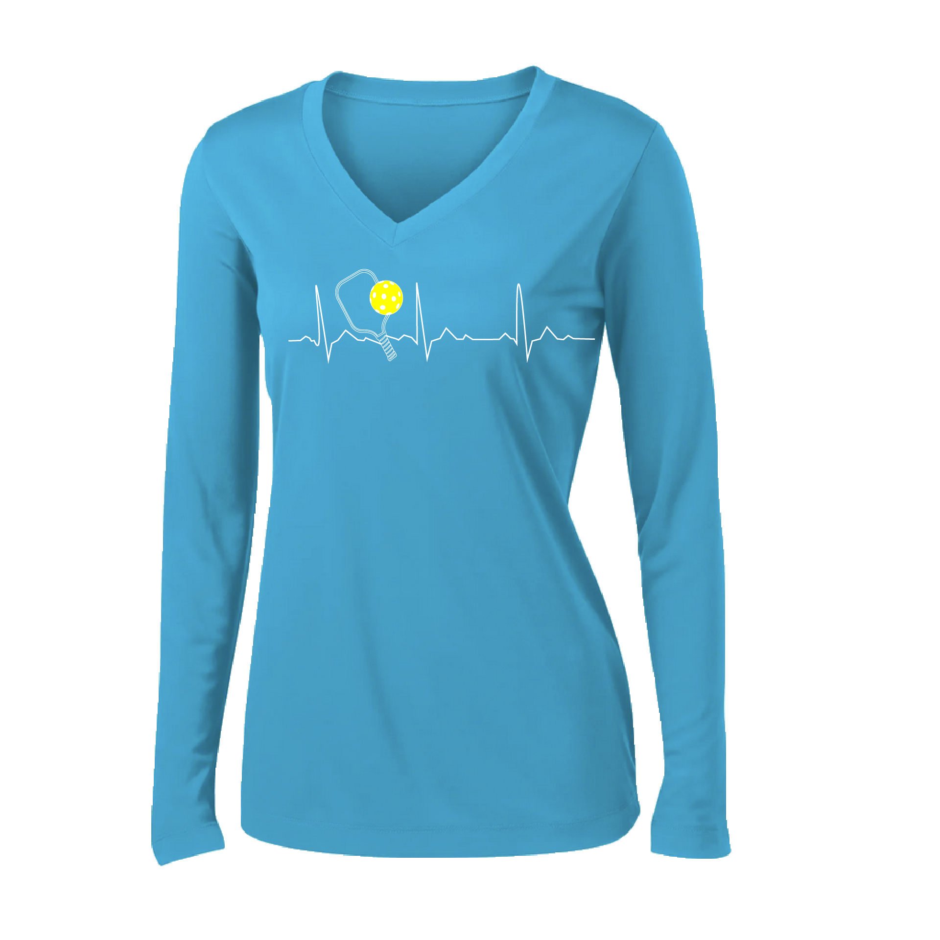 Pickleball Design: Heartbeat  Women's Style: Long Sleeve V-Neck  Turn up the volume in this Women's shirt with its perfect mix of softness and attitude. Material is ultra-comfortable with moisture wicking properties and tri-blend softness. PosiCharge technology locks in color. Highly breathable and lightweight.