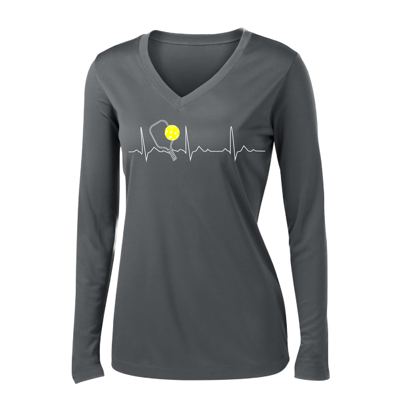 Pickleball Design: Heartbeat  Women's Style: Long Sleeve V-Neck  Turn up the volume in this Women's shirt with its perfect mix of softness and attitude. Material is ultra-comfortable with moisture wicking properties and tri-blend softness. PosiCharge technology locks in color. Highly breathable and lightweight.