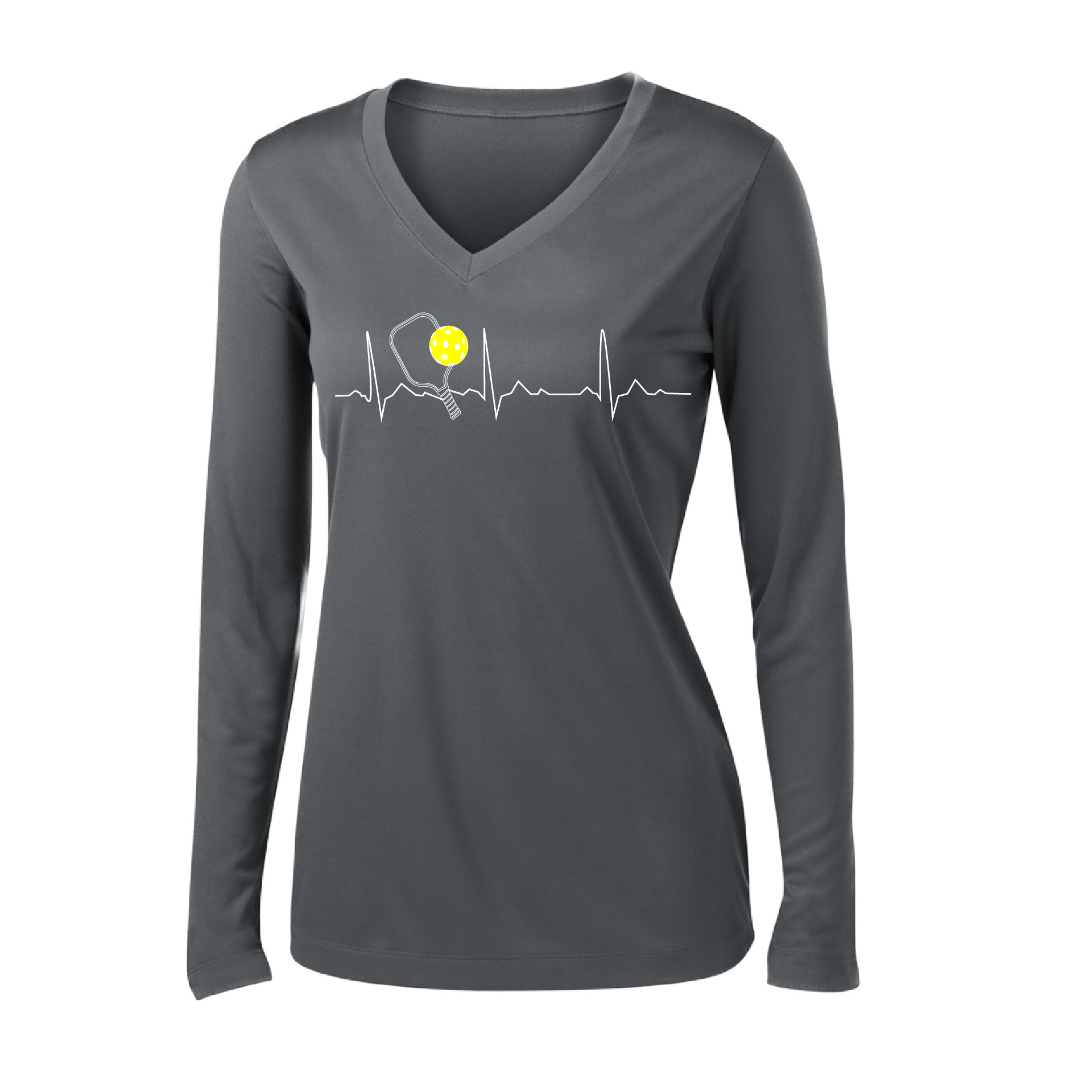 Pickleball Design: Heartbeat  Women's Style: Long Sleeve V-Neck  Turn up the volume in this Women's shirt with its perfect mix of softness and attitude. Material is ultra-comfortable with moisture wicking properties and tri-blend softness. PosiCharge technology locks in color. Highly breathable and lightweight.