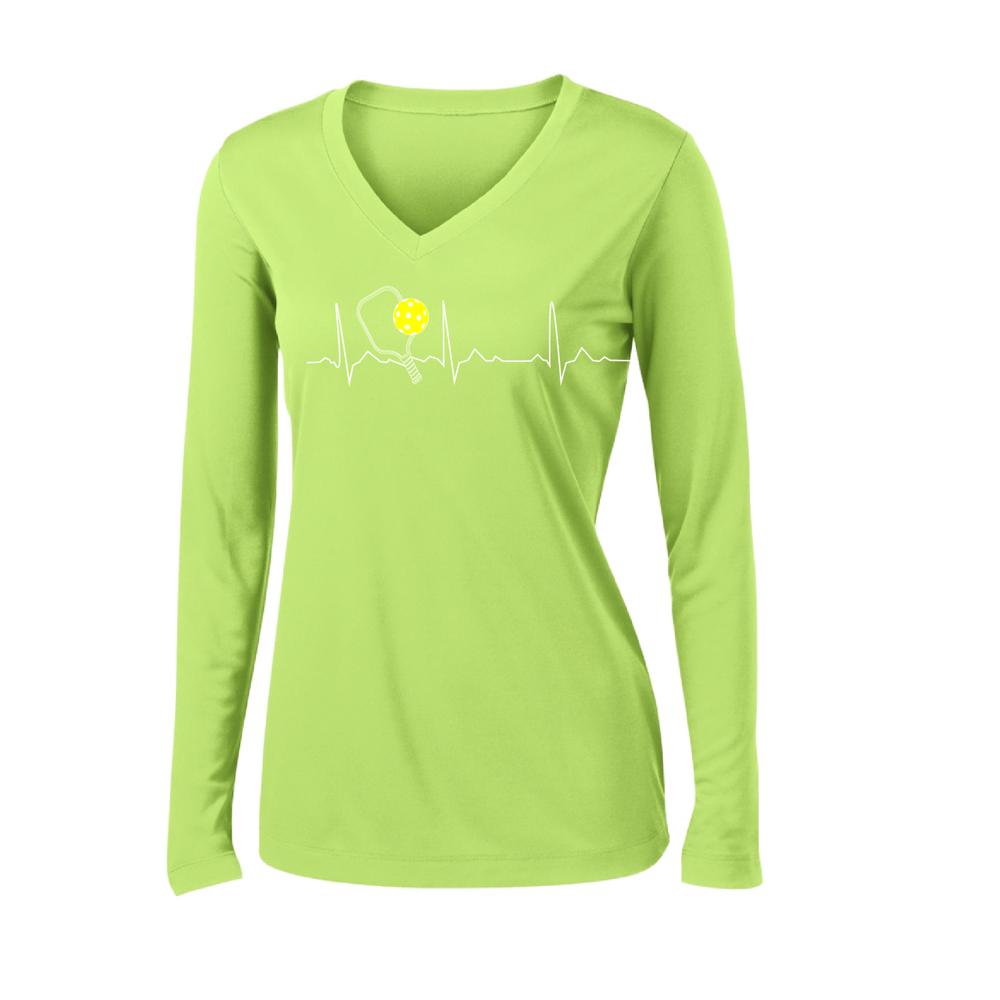 Pickleball Design: Heartbeat  Women's Style: Long Sleeve V-Neck  Turn up the volume in this Women's shirt with its perfect mix of softness and attitude. Material is ultra-comfortable with moisture wicking properties and tri-blend softness. PosiCharge technology locks in color. Highly breathable and lightweight.