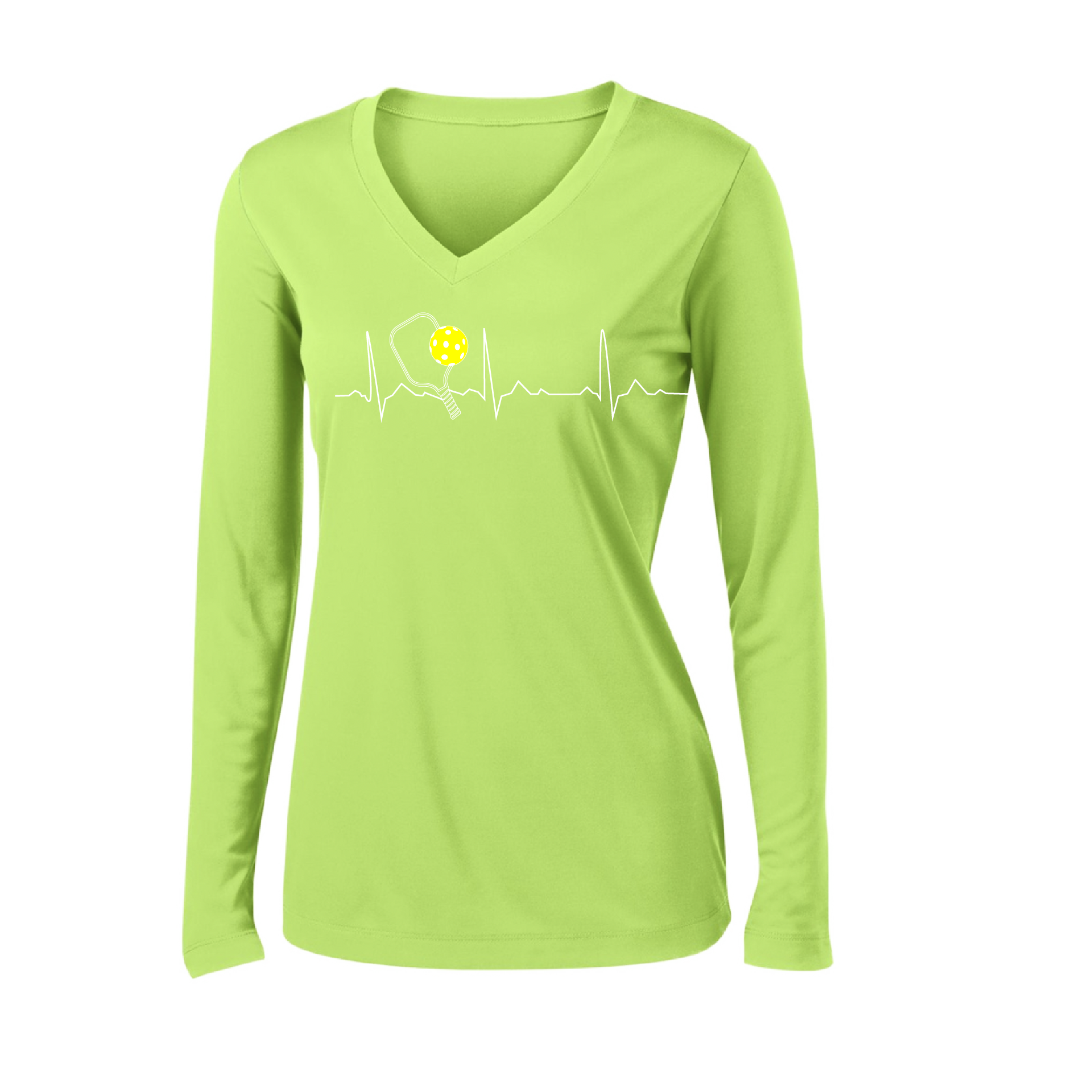 Pickleball Design: Heartbeat  Women's Style: Long Sleeve V-Neck  Turn up the volume in this Women's shirt with its perfect mix of softness and attitude. Material is ultra-comfortable with moisture wicking properties and tri-blend softness. PosiCharge technology locks in color. Highly breathable and lightweight.