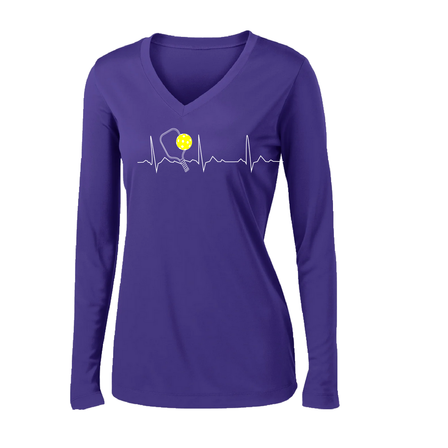 Pickleball Design: Heartbeat  Women's Style: Long Sleeve V-Neck  Turn up the volume in this Women's shirt with its perfect mix of softness and attitude. Material is ultra-comfortable with moisture wicking properties and tri-blend softness. PosiCharge technology locks in color. Highly breathable and lightweight.