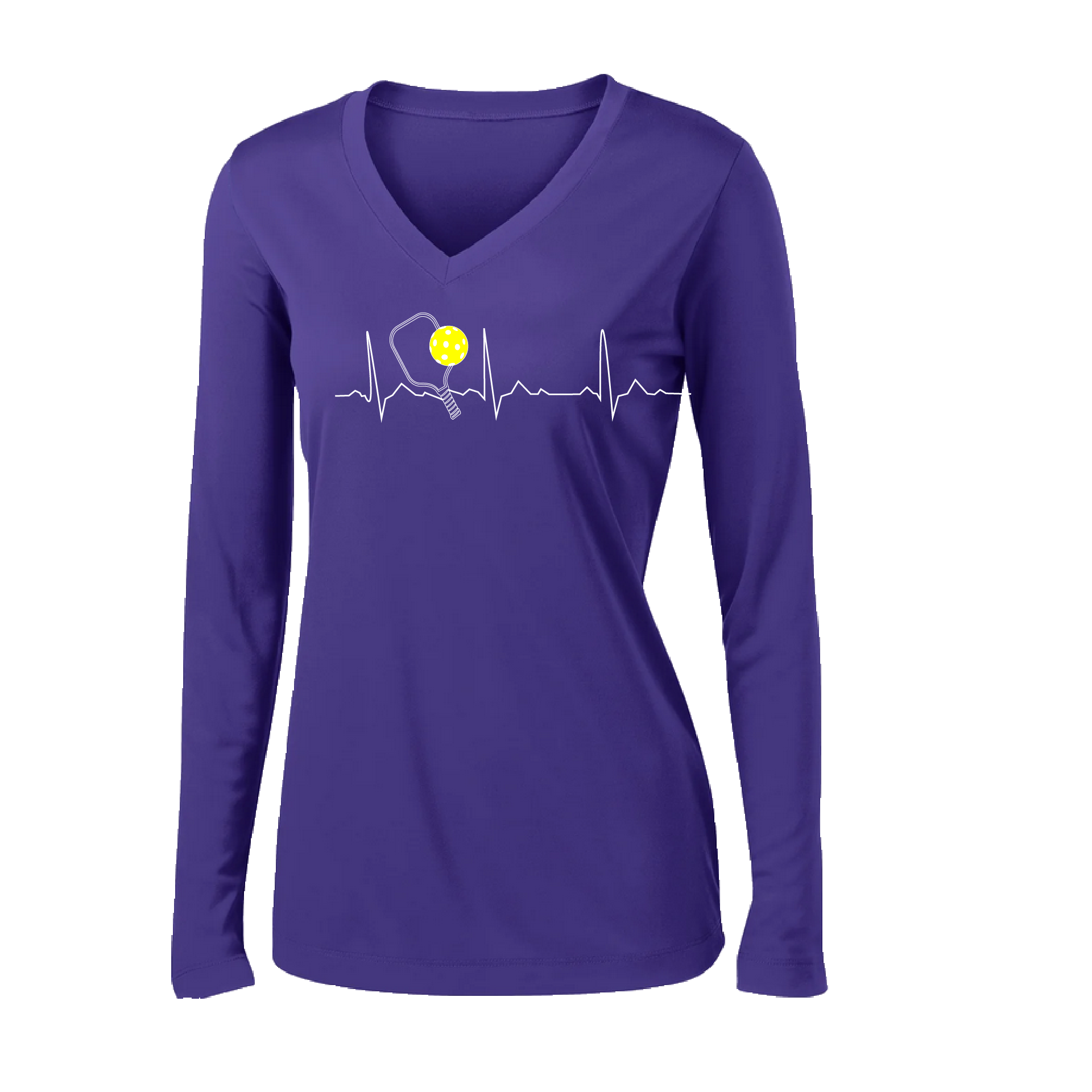 Pickleball Design: Heartbeat  Women's Style: Long Sleeve V-Neck  Turn up the volume in this Women's shirt with its perfect mix of softness and attitude. Material is ultra-comfortable with moisture wicking properties and tri-blend softness. PosiCharge technology locks in color. Highly breathable and lightweight.