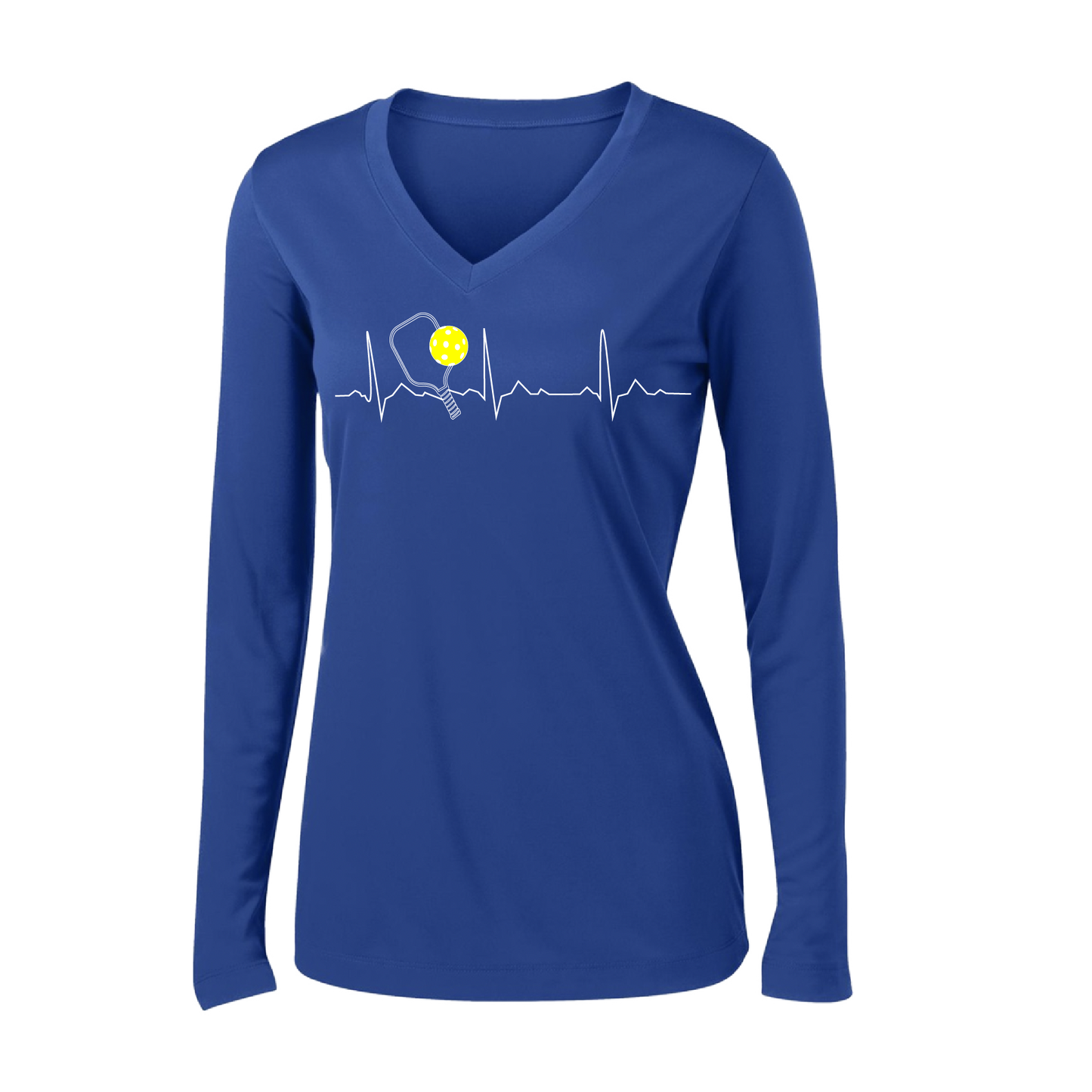 Pickleball Design: Heartbeat  Women's Style: Long Sleeve V-Neck  Turn up the volume in this Women's shirt with its perfect mix of softness and attitude. Material is ultra-comfortable with moisture wicking properties and tri-blend softness. PosiCharge technology locks in color. Highly breathable and lightweight.