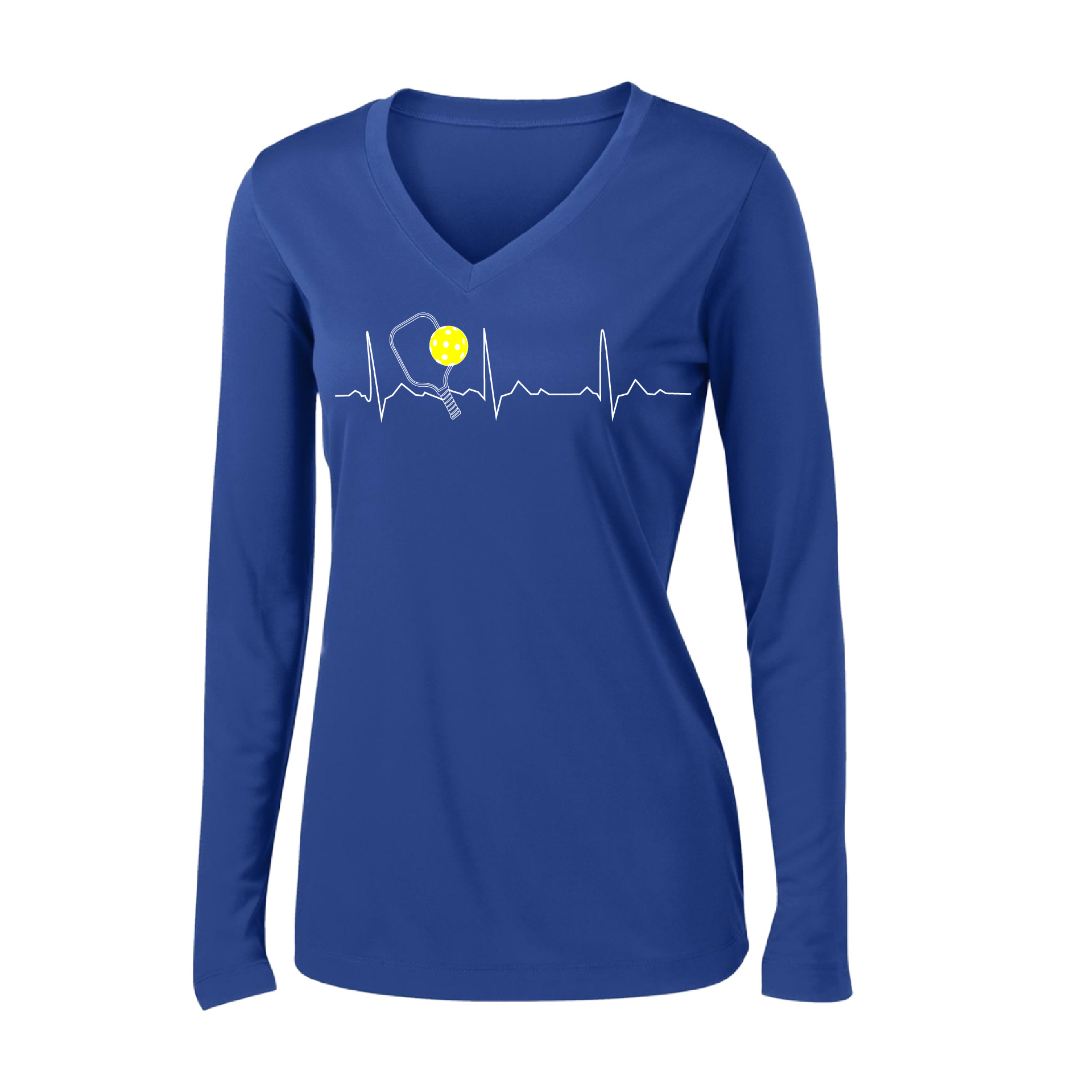 Pickleball Design: Heartbeat  Women's Style: Long Sleeve V-Neck  Turn up the volume in this Women's shirt with its perfect mix of softness and attitude. Material is ultra-comfortable with moisture wicking properties and tri-blend softness. PosiCharge technology locks in color. Highly breathable and lightweight.