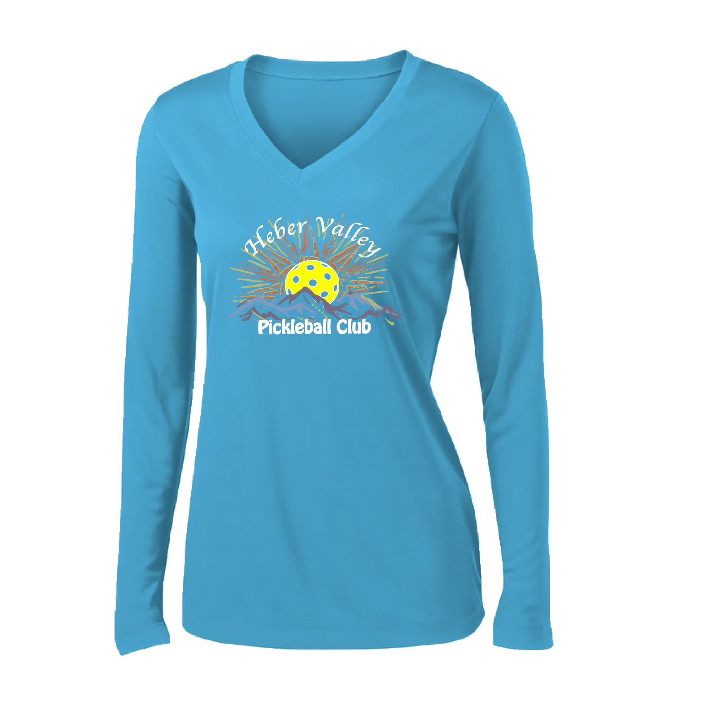 Pickleball Shirt Design: Heber Valley Pickleball Club   Women's Styles: Long Sleeve V-Neck  Turn up the volume in this Women's shirt with its perfect mix of softness and attitude. Material is ultra-comfortable with moisture wicking properties and tri-blend softness. PosiCharge technology locks in color. Highly breathable and lightweight.