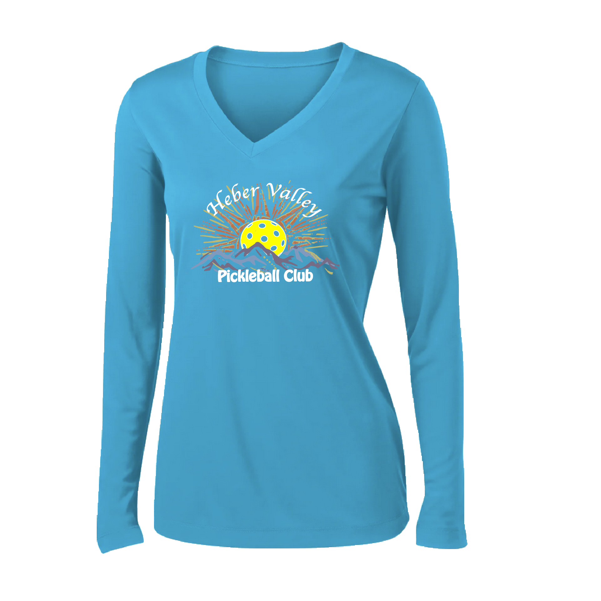 Pickleball Shirt Design: Heber Valley Pickleball Club   Women's Styles: Long Sleeve V-Neck  Turn up the volume in this Women's shirt with its perfect mix of softness and attitude. Material is ultra-comfortable with moisture wicking properties and tri-blend softness. PosiCharge technology locks in color. Highly breathable and lightweight.