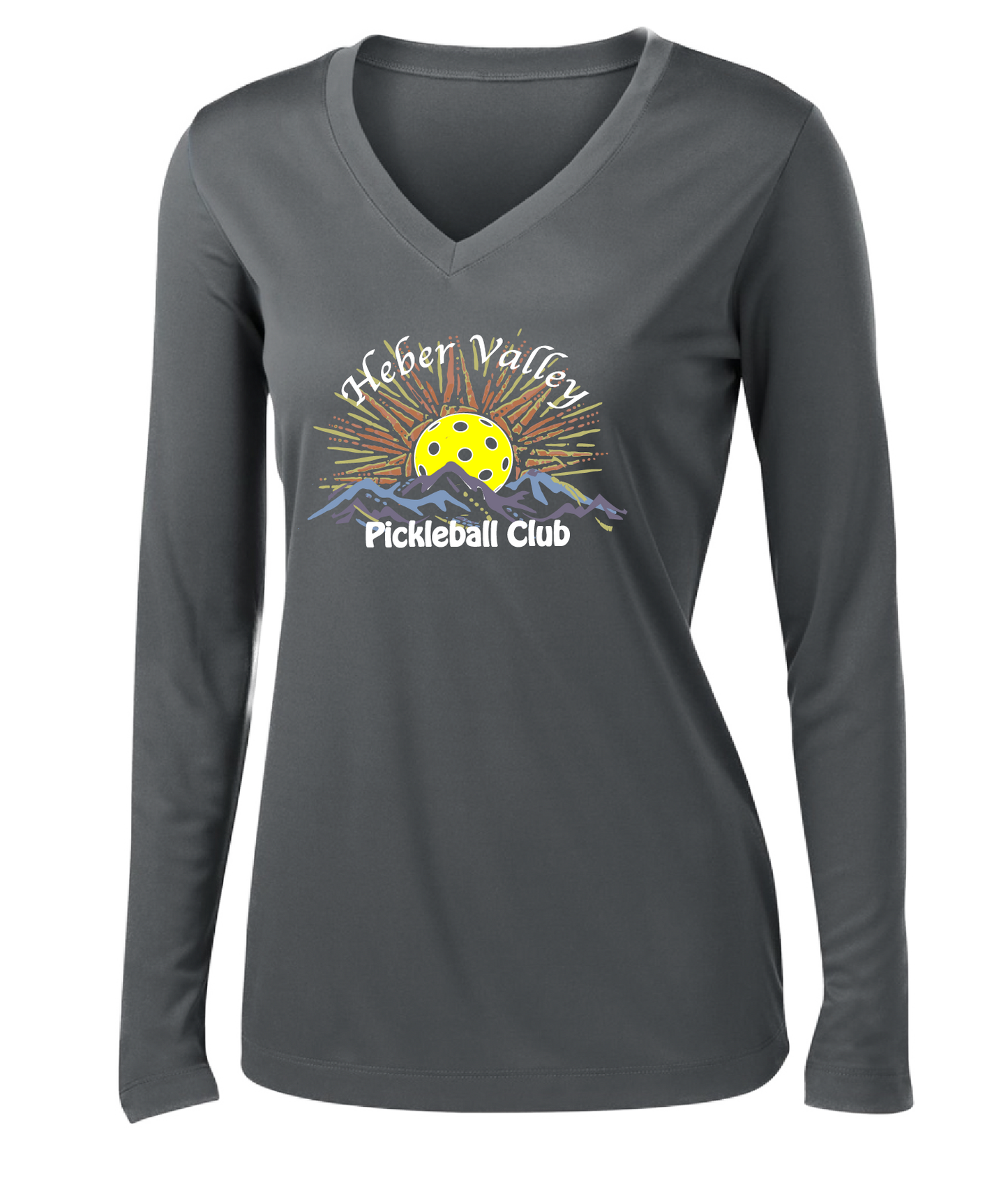 Pickleball Shirt Design: Heber Valley Pickleball Club   Women's Styles: Long Sleeve V-Neck  Turn up the volume in this Women's shirt with its perfect mix of softness and attitude. Material is ultra-comfortable with moisture wicking properties and tri-blend softness. PosiCharge technology locks in color. Highly breathable and lightweight.