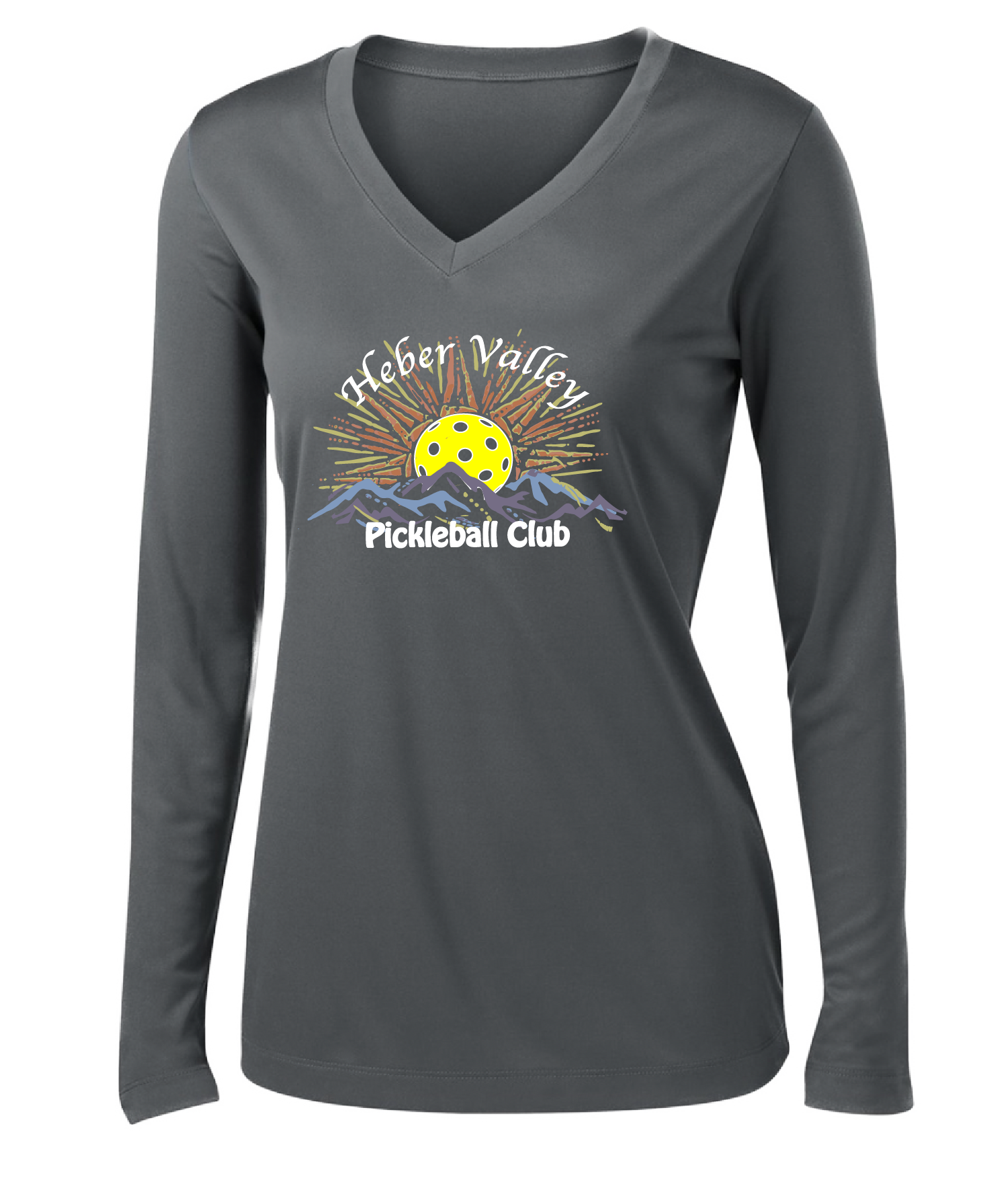 Pickleball Shirt Design: Heber Valley Pickleball Club   Women's Styles: Long Sleeve V-Neck  Turn up the volume in this Women's shirt with its perfect mix of softness and attitude. Material is ultra-comfortable with moisture wicking properties and tri-blend softness. PosiCharge technology locks in color. Highly breathable and lightweight.