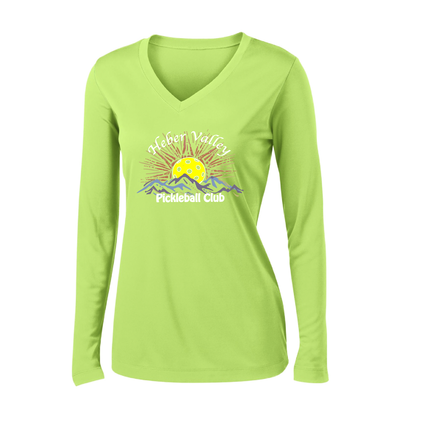 Pickleball Shirt Design: Heber Valley Pickleball Club   Women's Styles: Long Sleeve V-Neck  Turn up the volume in this Women's shirt with its perfect mix of softness and attitude. Material is ultra-comfortable with moisture wicking properties and tri-blend softness. PosiCharge technology locks in color. Highly breathable and lightweight.