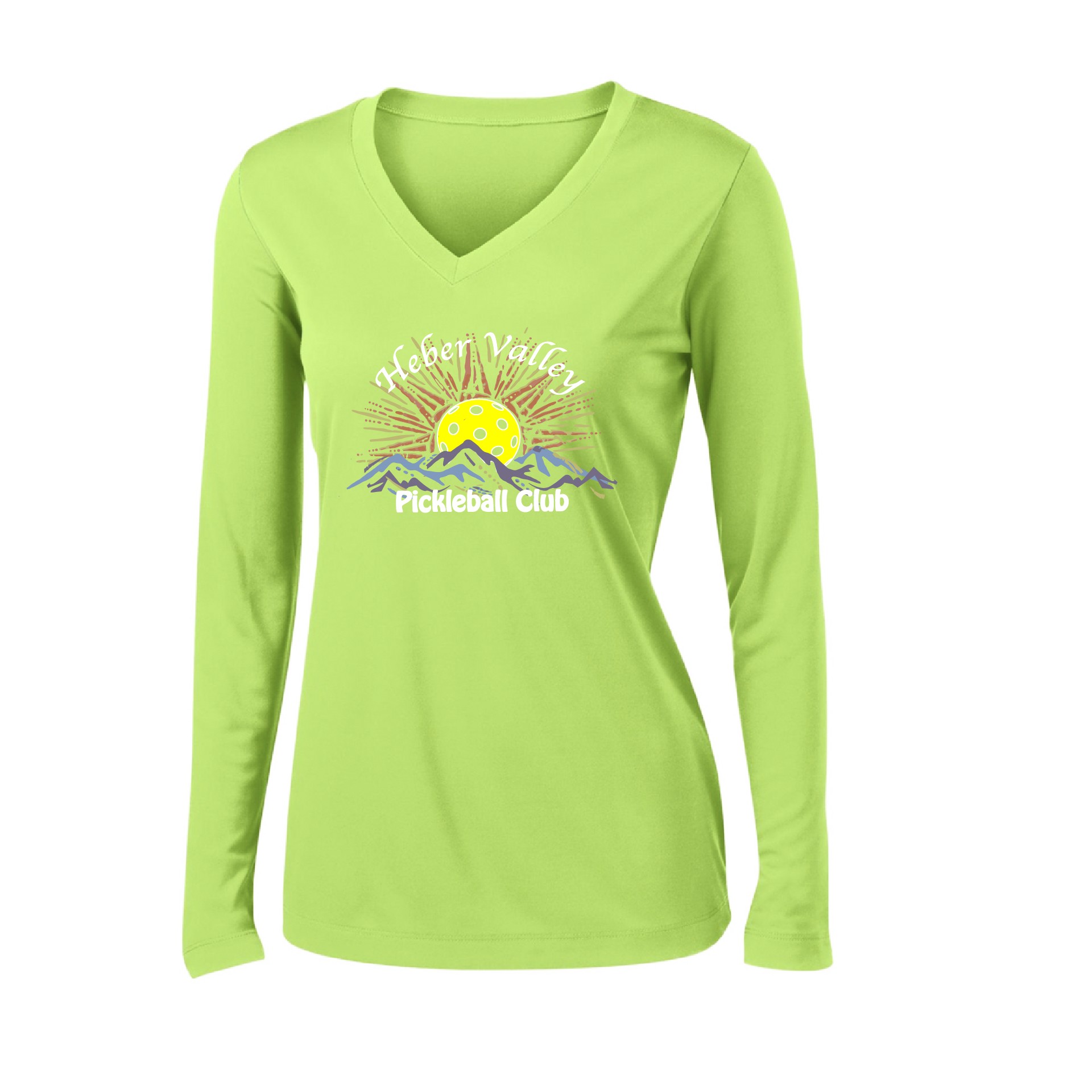 Pickleball Shirt Design: Heber Valley Pickleball Club   Women's Styles: Long Sleeve V-Neck  Turn up the volume in this Women's shirt with its perfect mix of softness and attitude. Material is ultra-comfortable with moisture wicking properties and tri-blend softness. PosiCharge technology locks in color. Highly breathable and lightweight.