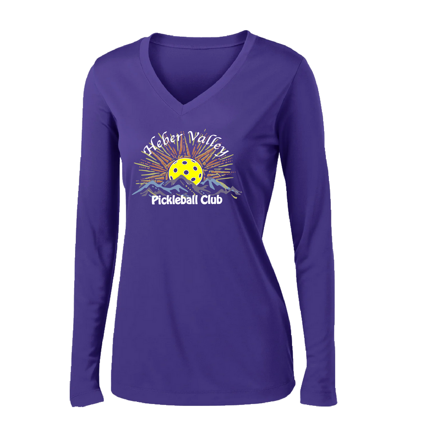 Pickleball Shirt Design: Heber Valley Pickleball Club   Women's Styles: Long Sleeve V-Neck  Turn up the volume in this Women's shirt with its perfect mix of softness and attitude. Material is ultra-comfortable with moisture wicking properties and tri-blend softness. PosiCharge technology locks in color. Highly breathable and lightweight.