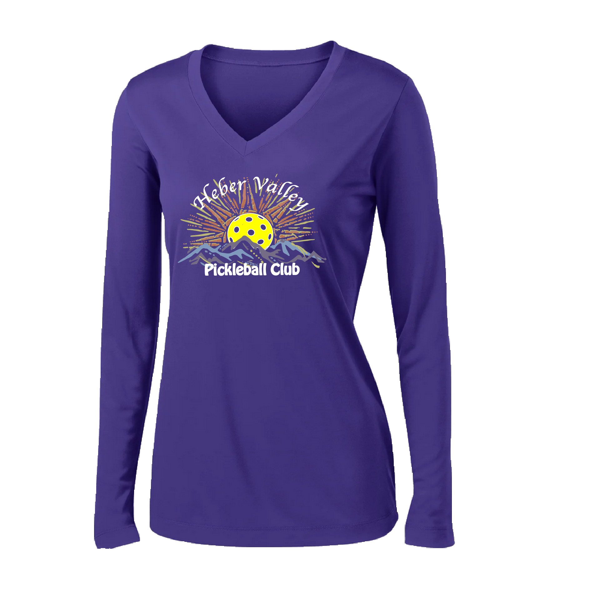 Pickleball Shirt Design: Heber Valley Pickleball Club   Women's Styles: Long Sleeve V-Neck  Turn up the volume in this Women's shirt with its perfect mix of softness and attitude. Material is ultra-comfortable with moisture wicking properties and tri-blend softness. PosiCharge technology locks in color. Highly breathable and lightweight.