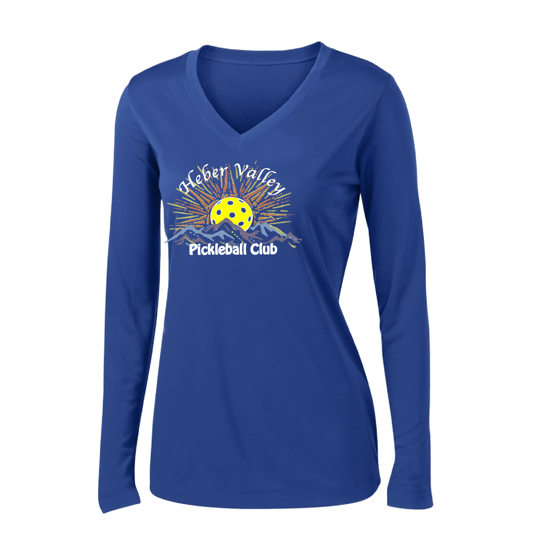 Pickleball Shirt Design: Heber Valley Pickleball Club   Women's Styles: Long Sleeve V-Neck  Turn up the volume in this Women's shirt with its perfect mix of softness and attitude. Material is ultra-comfortable with moisture wicking properties and tri-blend softness. PosiCharge technology locks in color. Highly breathable and lightweight.