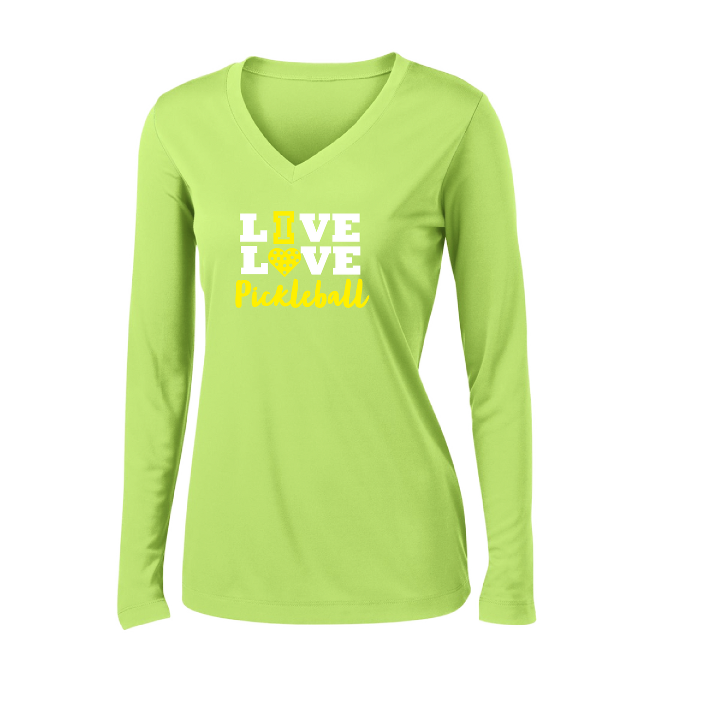 Pickleball Design: Live Love Pickleball  Women's Style: Long Sleeve V-Neck  Turn up the volume in this Women's shirt with its perfect mix of softness and attitude. Material is ultra-comfortable with moisture wicking properties and tri-blend softness. PosiCharge technology locks in color. Highly breathable and lightweight.