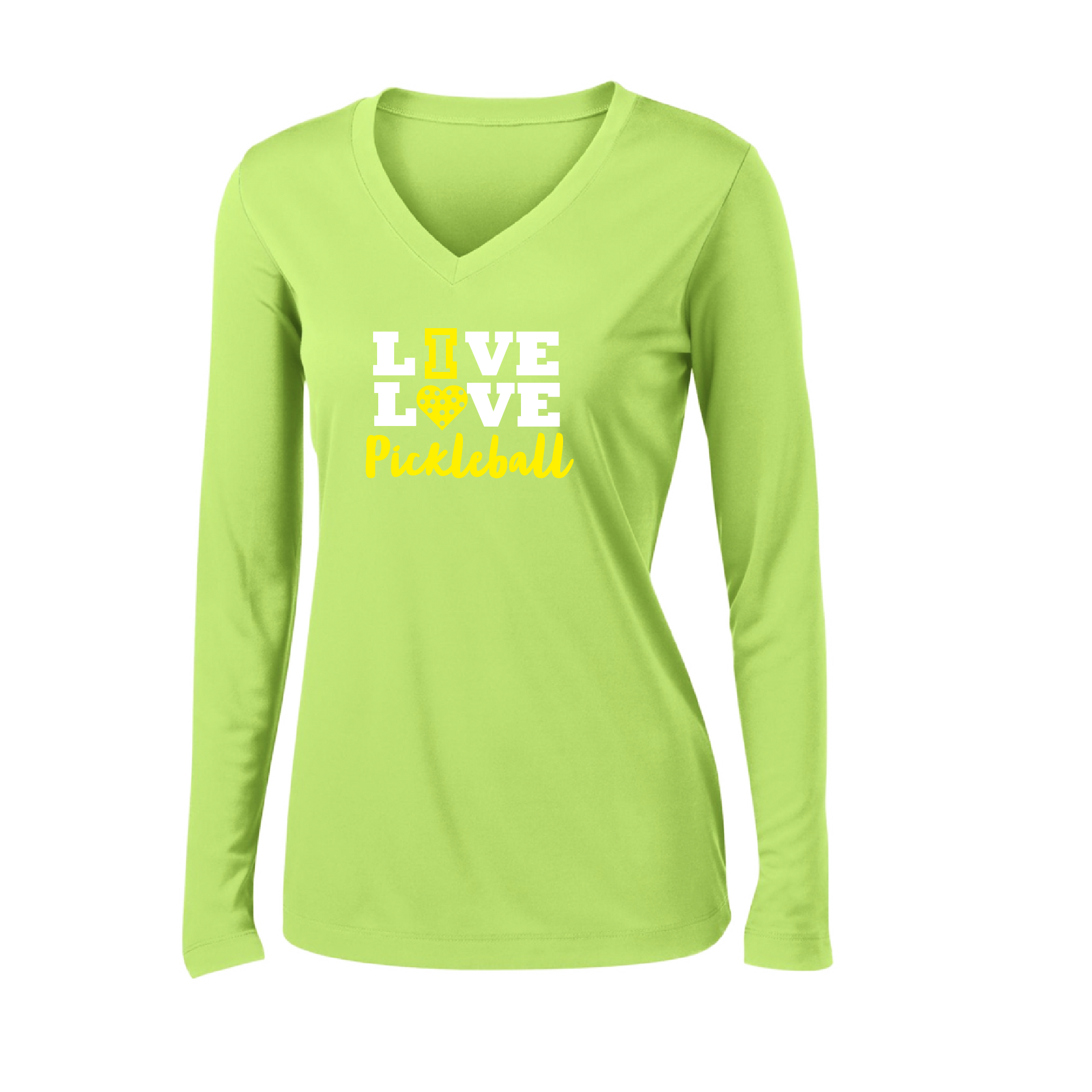 Pickleball Design: Live Love Pickleball  Women's Style: Long Sleeve V-Neck  Turn up the volume in this Women's shirt with its perfect mix of softness and attitude. Material is ultra-comfortable with moisture wicking properties and tri-blend softness. PosiCharge technology locks in color. Highly breathable and lightweight.