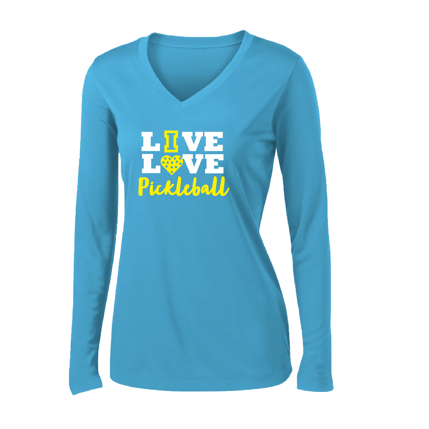 Pickleball Design: Live Love Pickleball  Women's Style: Long Sleeve V-Neck  Turn up the volume in this Women's shirt with its perfect mix of softness and attitude. Material is ultra-comfortable with moisture wicking properties and tri-blend softness. PosiCharge technology locks in color. Highly breathable and lightweight.