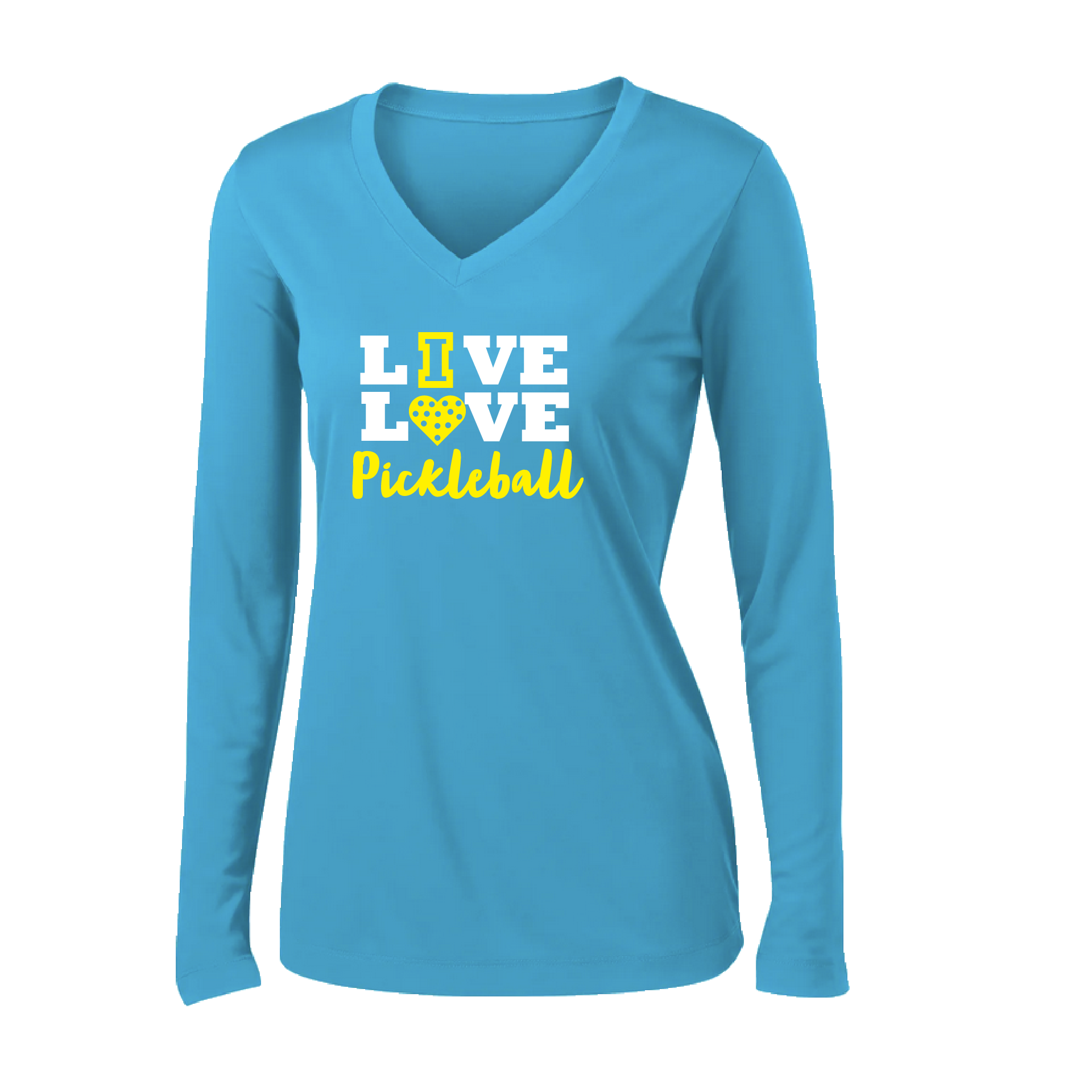 Pickleball Design: Live Love Pickleball  Women's Style: Long Sleeve V-Neck  Turn up the volume in this Women's shirt with its perfect mix of softness and attitude. Material is ultra-comfortable with moisture wicking properties and tri-blend softness. PosiCharge technology locks in color. Highly breathable and lightweight.