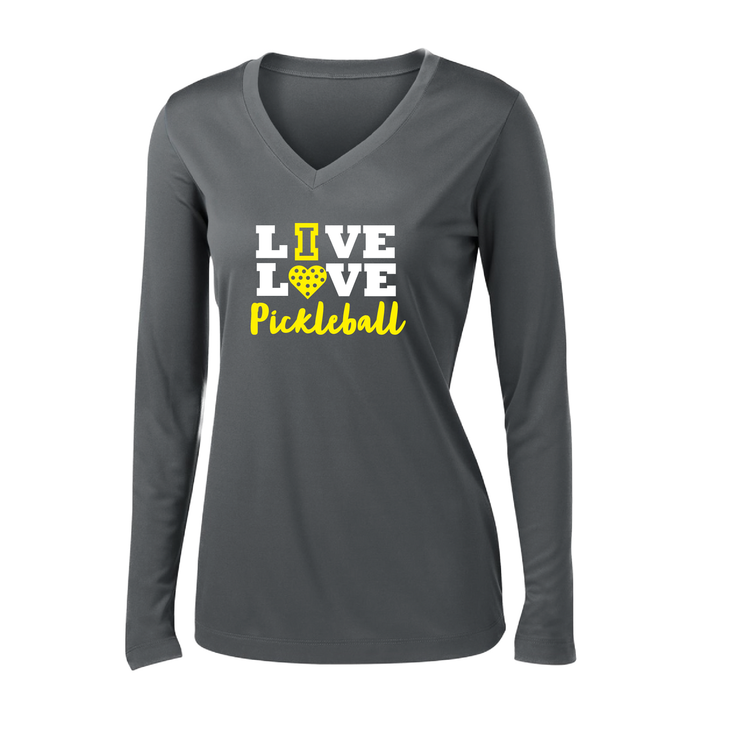 Pickleball Design: Live Love Pickleball  Women's Style: Long Sleeve V-Neck  Turn up the volume in this Women's shirt with its perfect mix of softness and attitude. Material is ultra-comfortable with moisture wicking properties and tri-blend softness. PosiCharge technology locks in color. Highly breathable and lightweight.