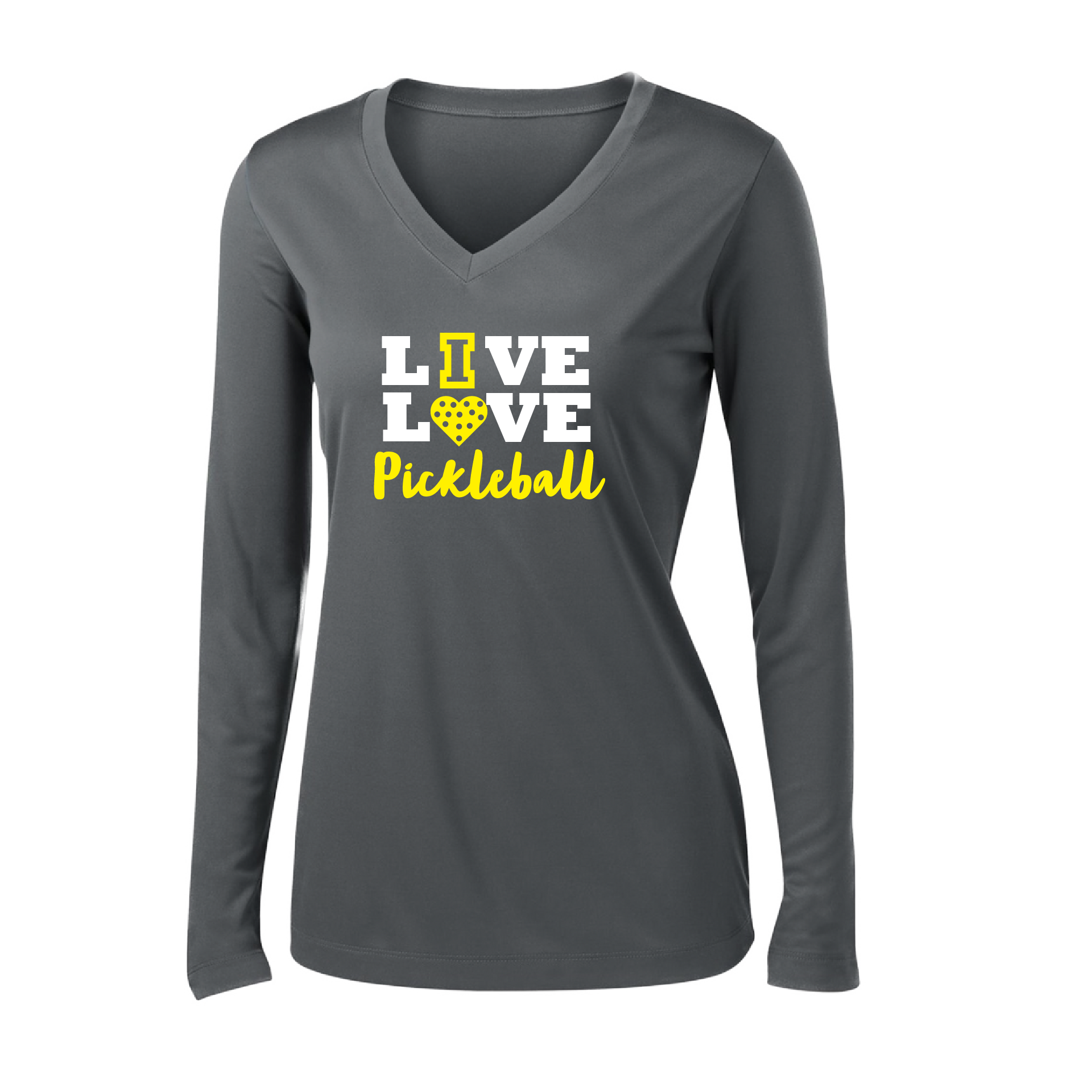 Pickleball Design: Live Love Pickleball  Women's Style: Long Sleeve V-Neck  Turn up the volume in this Women's shirt with its perfect mix of softness and attitude. Material is ultra-comfortable with moisture wicking properties and tri-blend softness. PosiCharge technology locks in color. Highly breathable and lightweight.