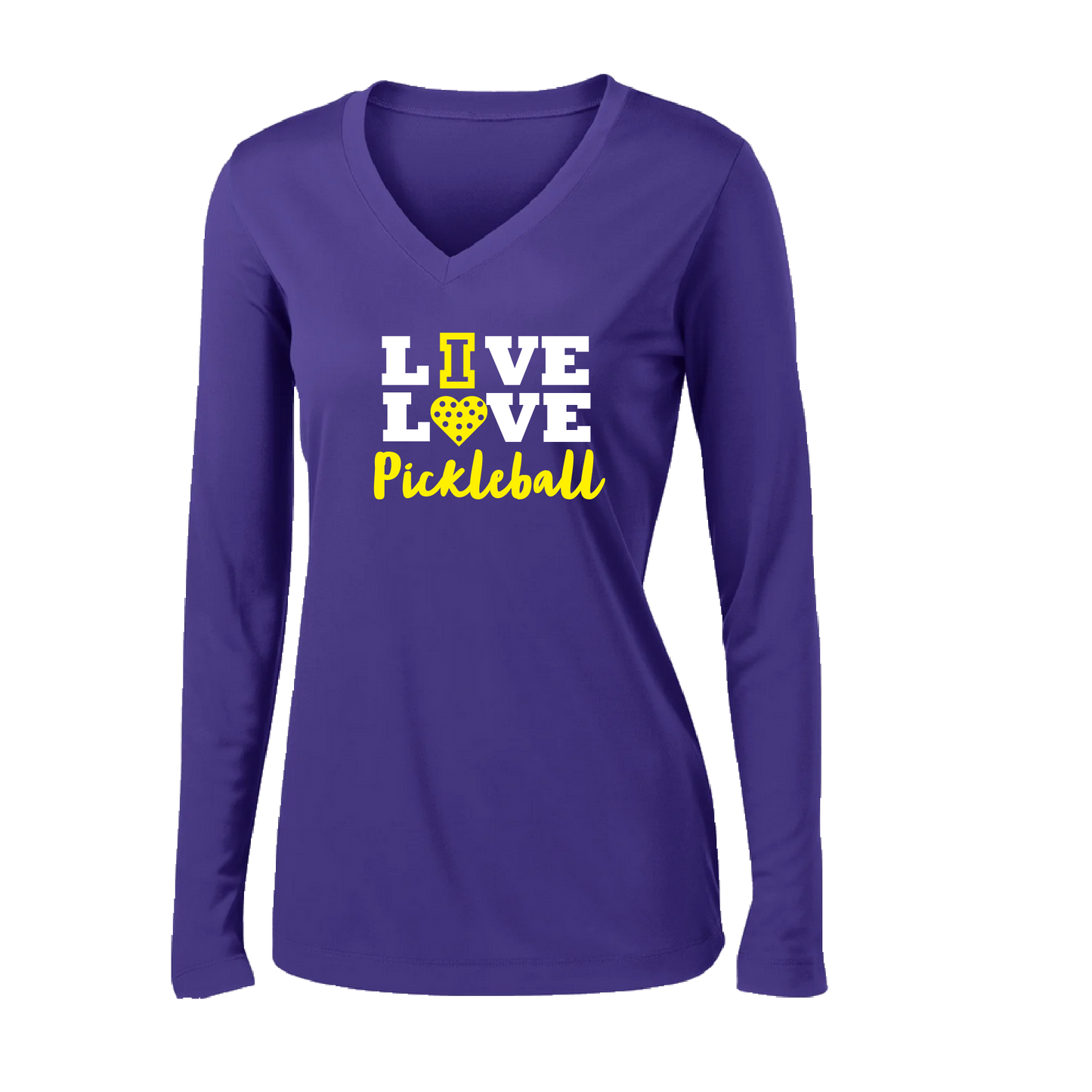 Pickleball Design: Live Love Pickleball  Women's Style: Long Sleeve V-Neck  Turn up the volume in this Women's shirt with its perfect mix of softness and attitude. Material is ultra-comfortable with moisture wicking properties and tri-blend softness. PosiCharge technology locks in color. Highly breathable and lightweight.