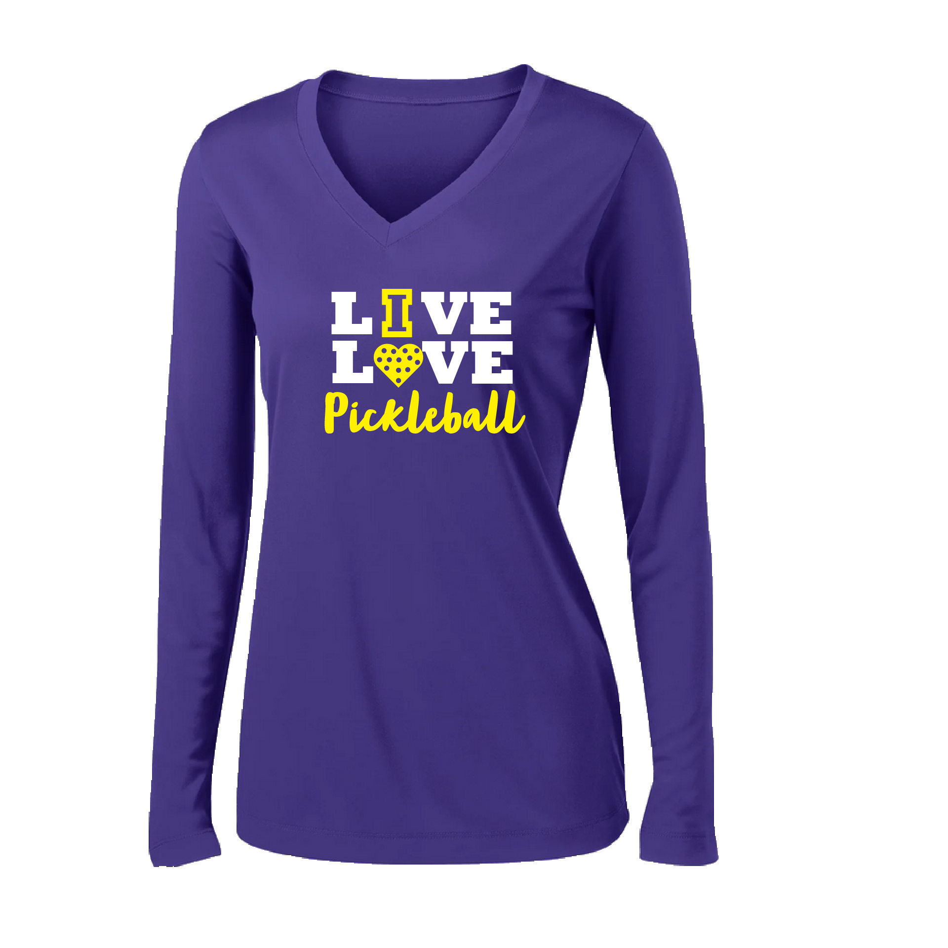 Pickleball Design: Live Love Pickleball  Women's Style: Long Sleeve V-Neck  Turn up the volume in this Women's shirt with its perfect mix of softness and attitude. Material is ultra-comfortable with moisture wicking properties and tri-blend softness. PosiCharge technology locks in color. Highly breathable and lightweight.