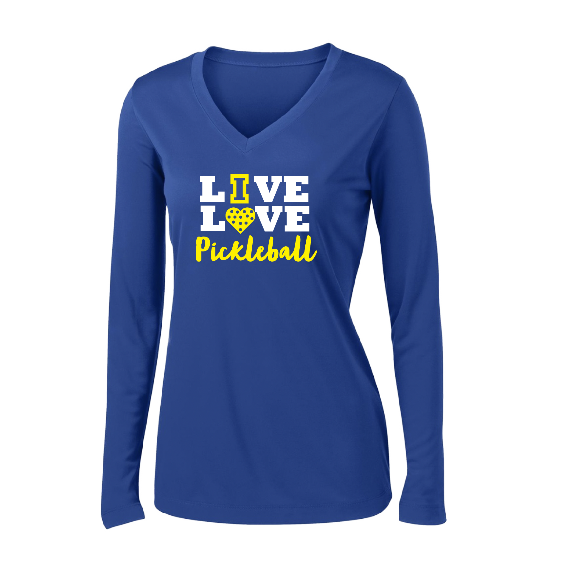 Pickleball Design: Live Love Pickleball  Women's Style: Long Sleeve V-Neck  Turn up the volume in this Women's shirt with its perfect mix of softness and attitude. Material is ultra-comfortable with moisture wicking properties and tri-blend softness. PosiCharge technology locks in color. Highly breathable and lightweight.