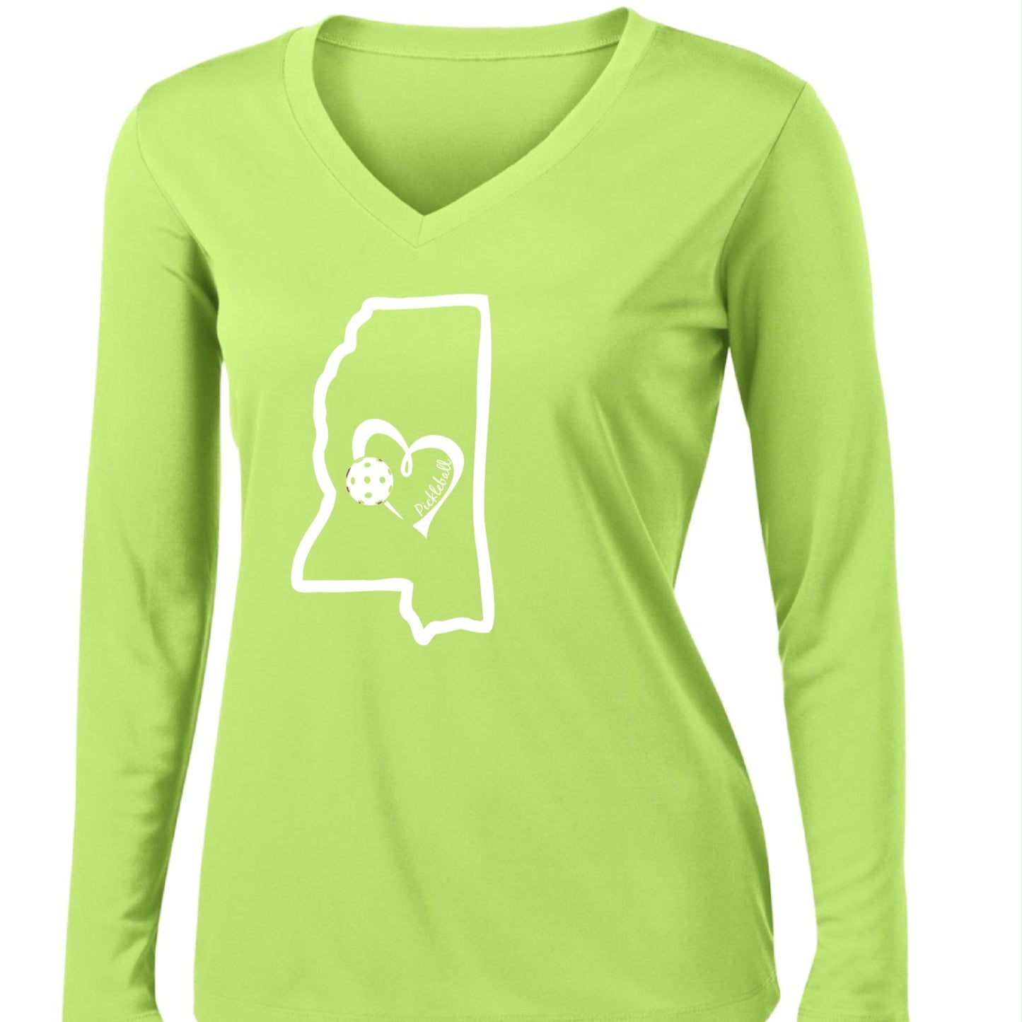 Pickleball Design: Mississippi State with Heart  Women's Styles: Long-Sleeve V-Neck  Turn up the volume in this Women's shirt with its perfect mix of softness and attitude. Material is ultra-comfortable with moisture wicking properties and tri-blend softness. PosiCharge technology locks in color. Highly breathable and lightweight.