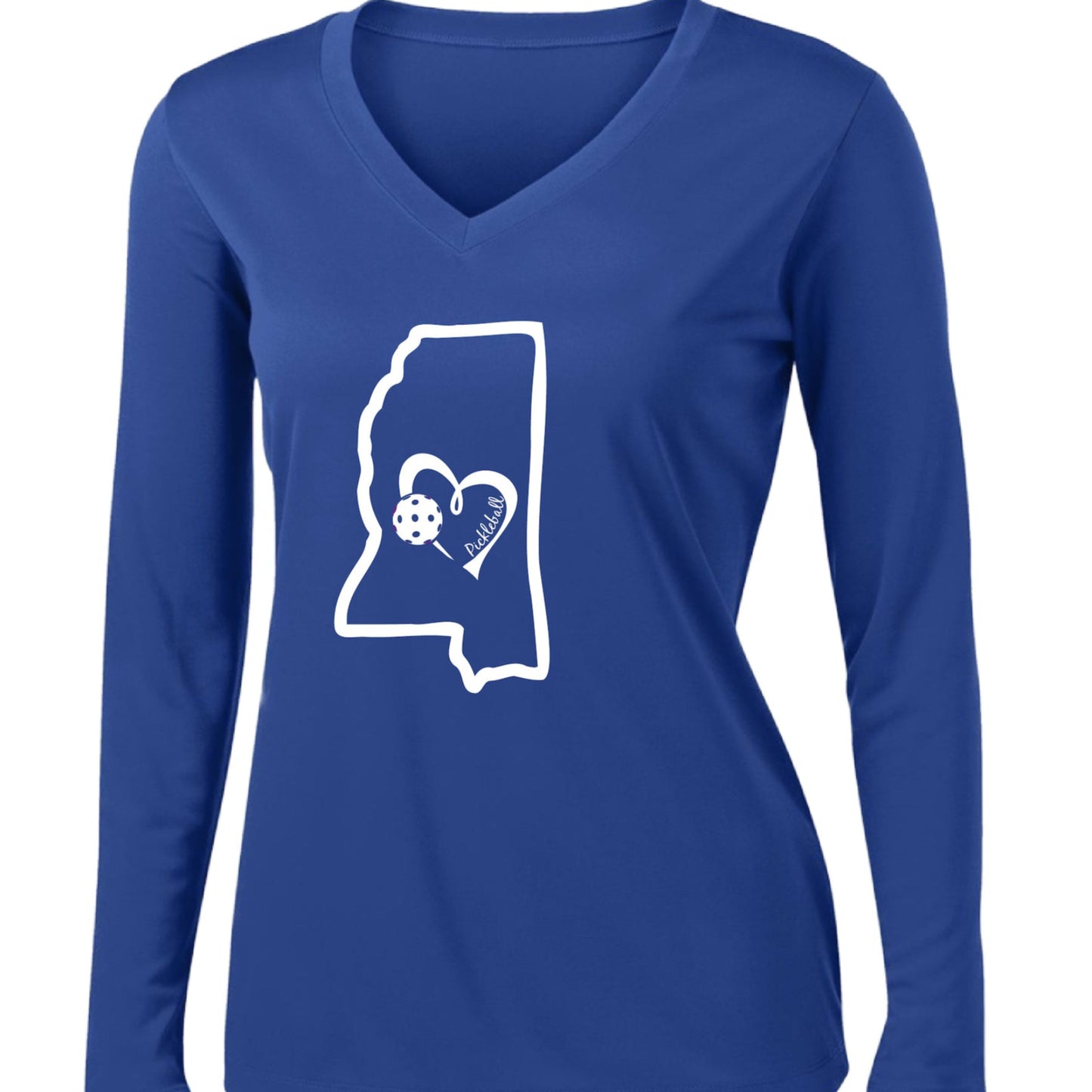 Pickleball Design: Mississippi State with Heart  Women's Styles: Long-Sleeve V-Neck  Turn up the volume in this Women's shirt with its perfect mix of softness and attitude. Material is ultra-comfortable with moisture wicking properties and tri-blend softness. PosiCharge technology locks in color. Highly breathable and lightweight.