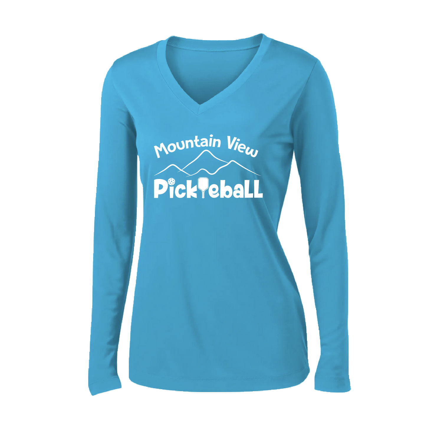 Pickleball Design: Mountain View Pickleball Club  Women's Style: Long-Sleeve V-Neck  Turn up the volume in this Women's shirt with its perfect mix of softness and attitude. Material is ultra-comfortable with moisture wicking properties and tri-blend softness. PosiCharge technology locks in color. Highly breathable and lightweight.