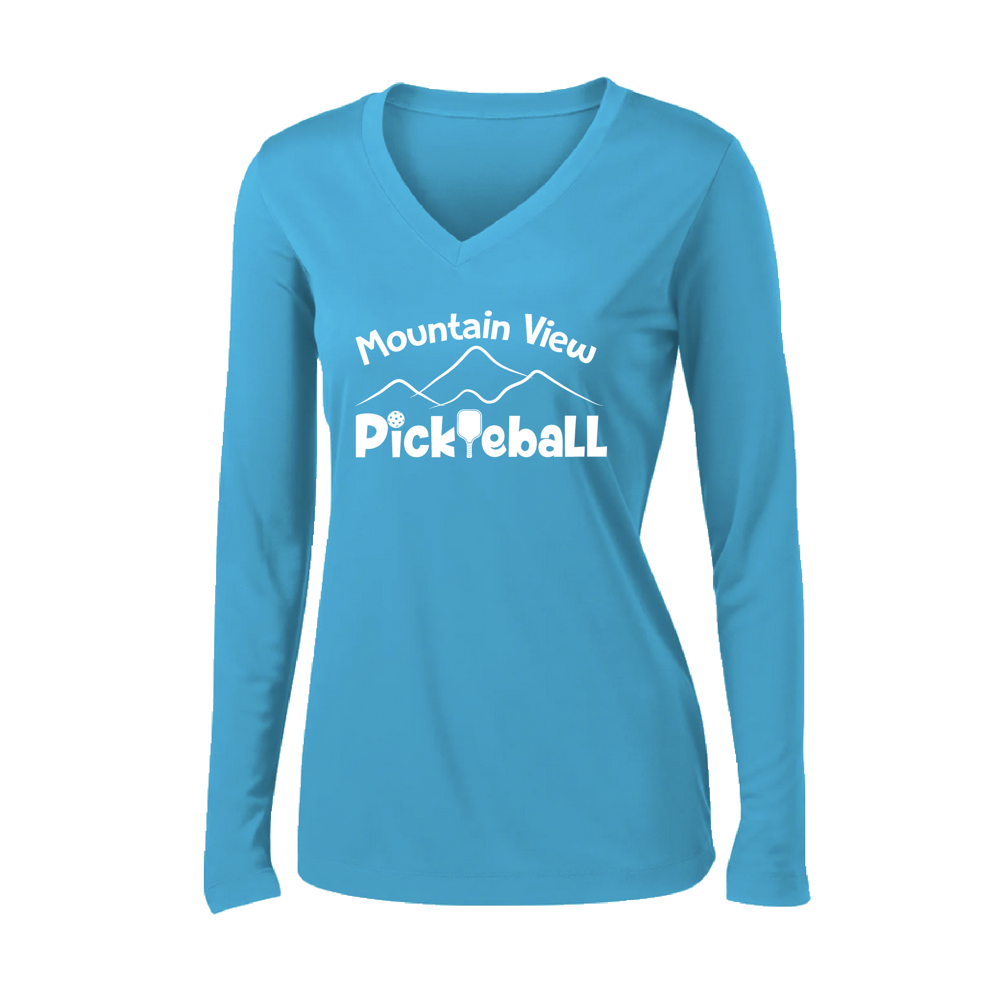 Pickleball Design: Mountain View Pickleball Club  Women's Style: Long-Sleeve V-Neck  Turn up the volume in this Women's shirt with its perfect mix of softness and attitude. Material is ultra-comfortable with moisture wicking properties and tri-blend softness. PosiCharge technology locks in color. Highly breathable and lightweight.