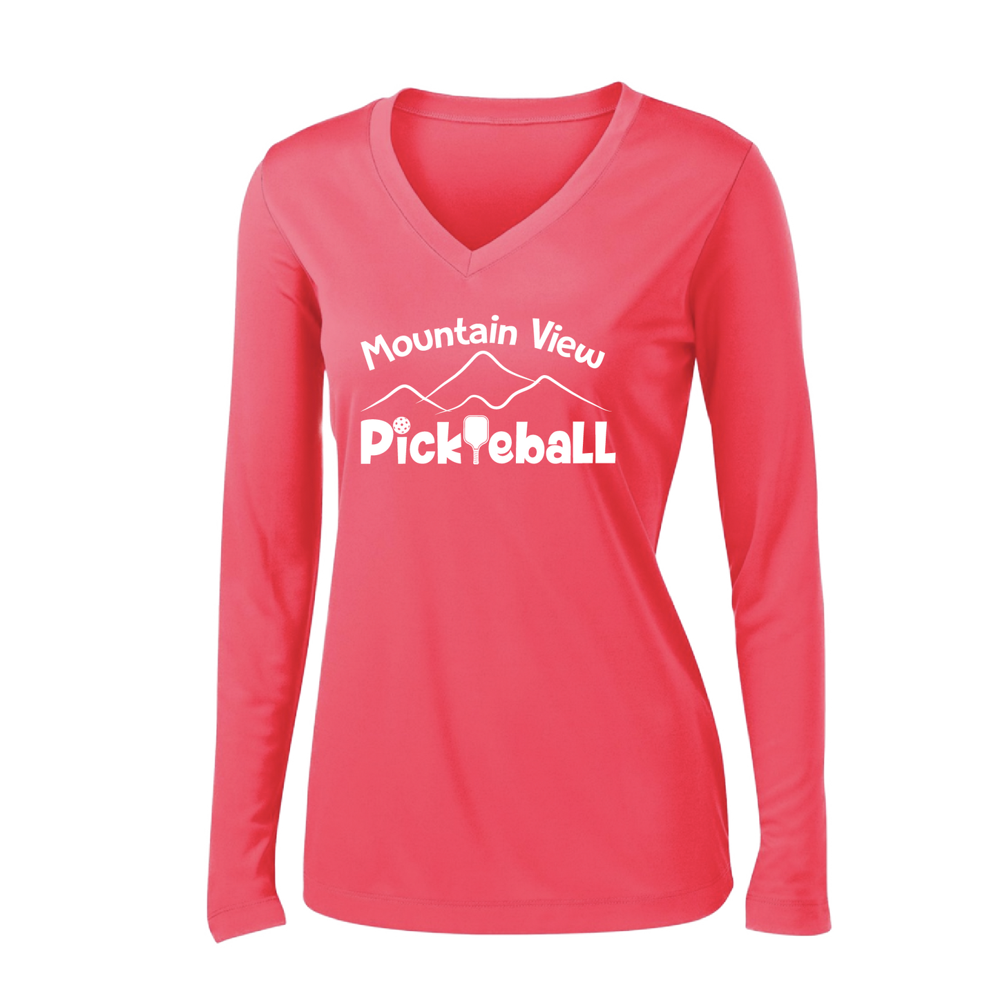 Pickleball Design: Mountain View Pickleball Club  Women's Style: Long-Sleeve V-Neck  Turn up the volume in this Women's shirt with its perfect mix of softness and attitude. Material is ultra-comfortable with moisture wicking properties and tri-blend softness. PosiCharge technology locks in color. Highly breathable and lightweight.