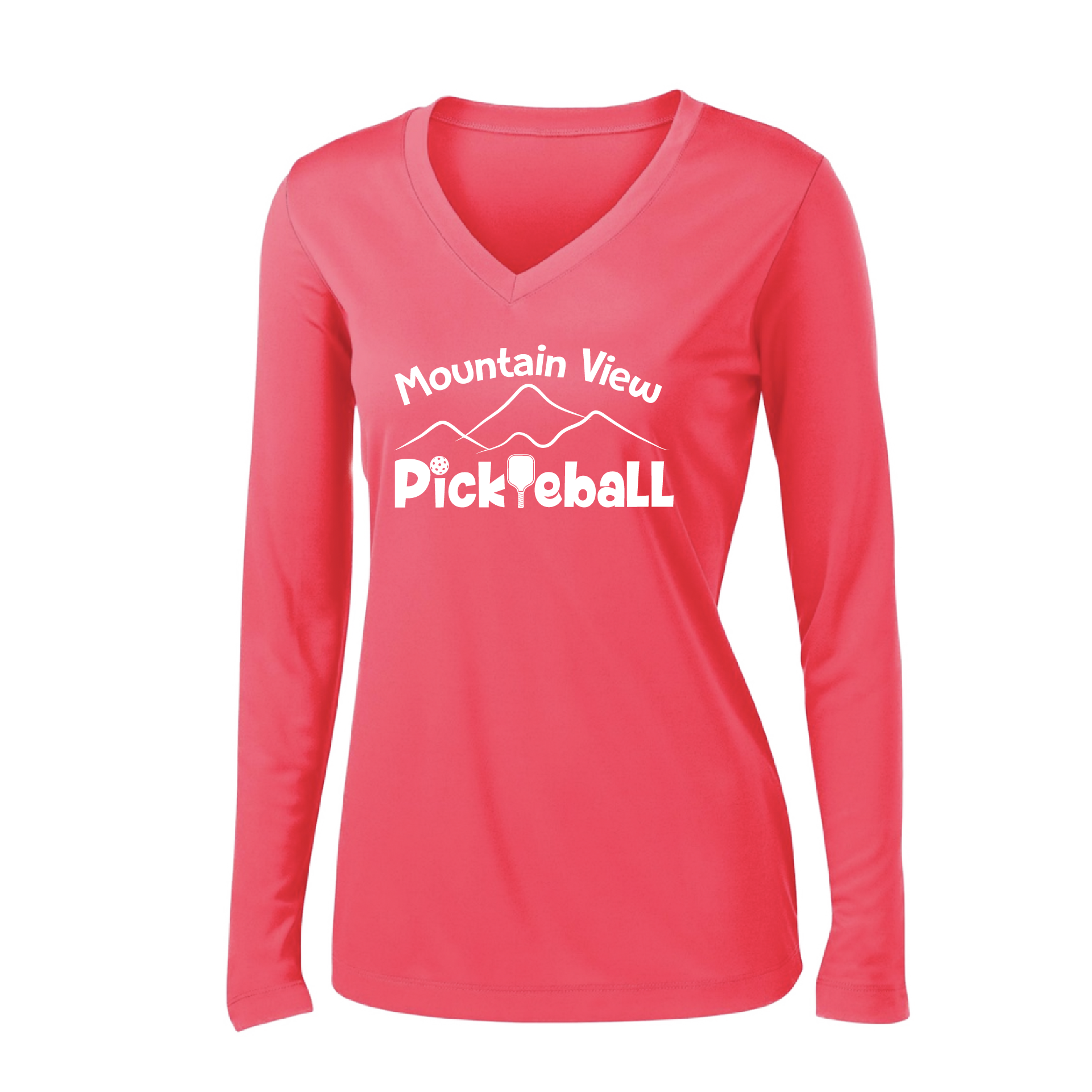 Pickleball Design: Mountain View Pickleball Club  Women's Style: Long-Sleeve V-Neck  Turn up the volume in this Women's shirt with its perfect mix of softness and attitude. Material is ultra-comfortable with moisture wicking properties and tri-blend softness. PosiCharge technology locks in color. Highly breathable and lightweight.