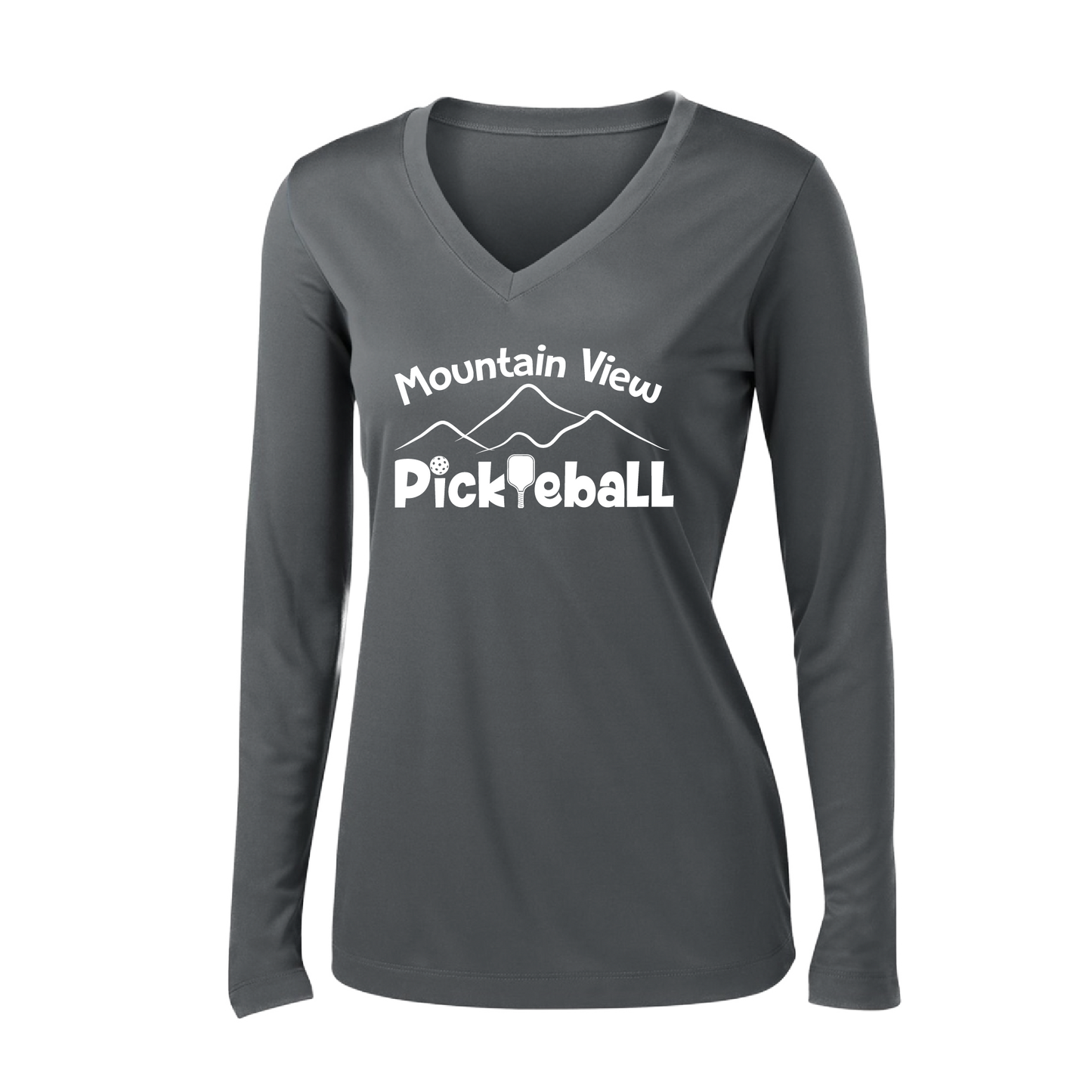 Pickleball Design: Mountain View Pickleball Club  Women's Style: Long-Sleeve V-Neck  Turn up the volume in this Women's shirt with its perfect mix of softness and attitude. Material is ultra-comfortable with moisture wicking properties and tri-blend softness. PosiCharge technology locks in color. Highly breathable and lightweight.
