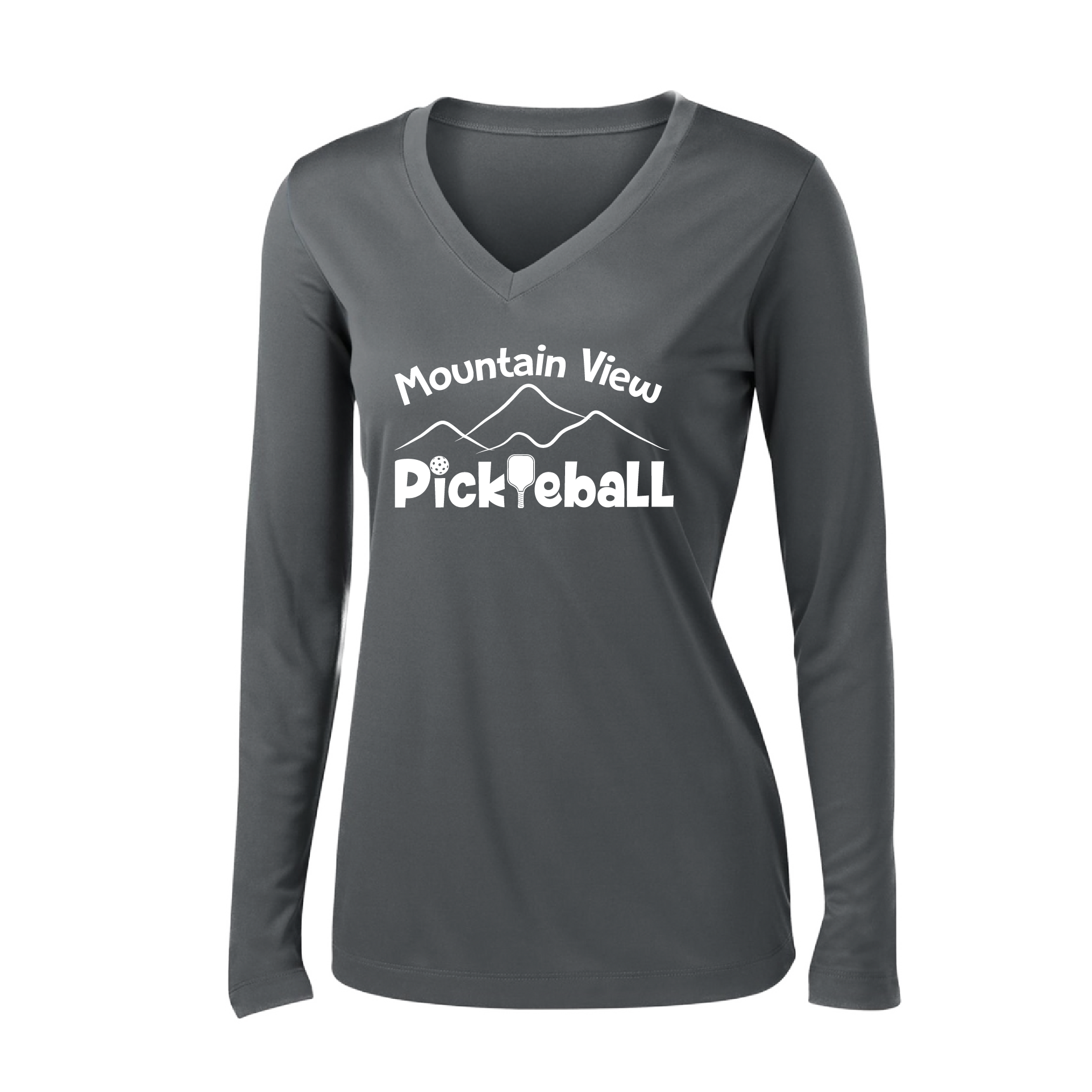 Pickleball Design: Mountain View Pickleball Club  Women's Style: Long-Sleeve V-Neck  Turn up the volume in this Women's shirt with its perfect mix of softness and attitude. Material is ultra-comfortable with moisture wicking properties and tri-blend softness. PosiCharge technology locks in color. Highly breathable and lightweight.