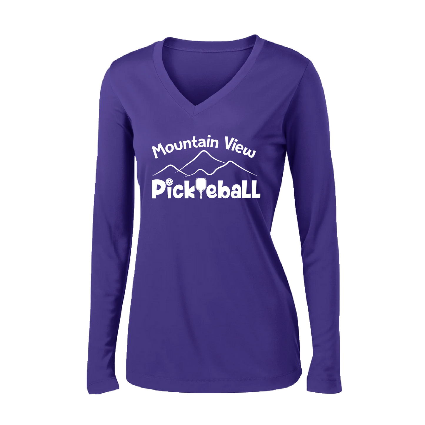 Pickleball Design: Mountain View Pickleball Club  Women's Style: Long-Sleeve V-Neck  Turn up the volume in this Women's shirt with its perfect mix of softness and attitude. Material is ultra-comfortable with moisture wicking properties and tri-blend softness. PosiCharge technology locks in color. Highly breathable and lightweight.