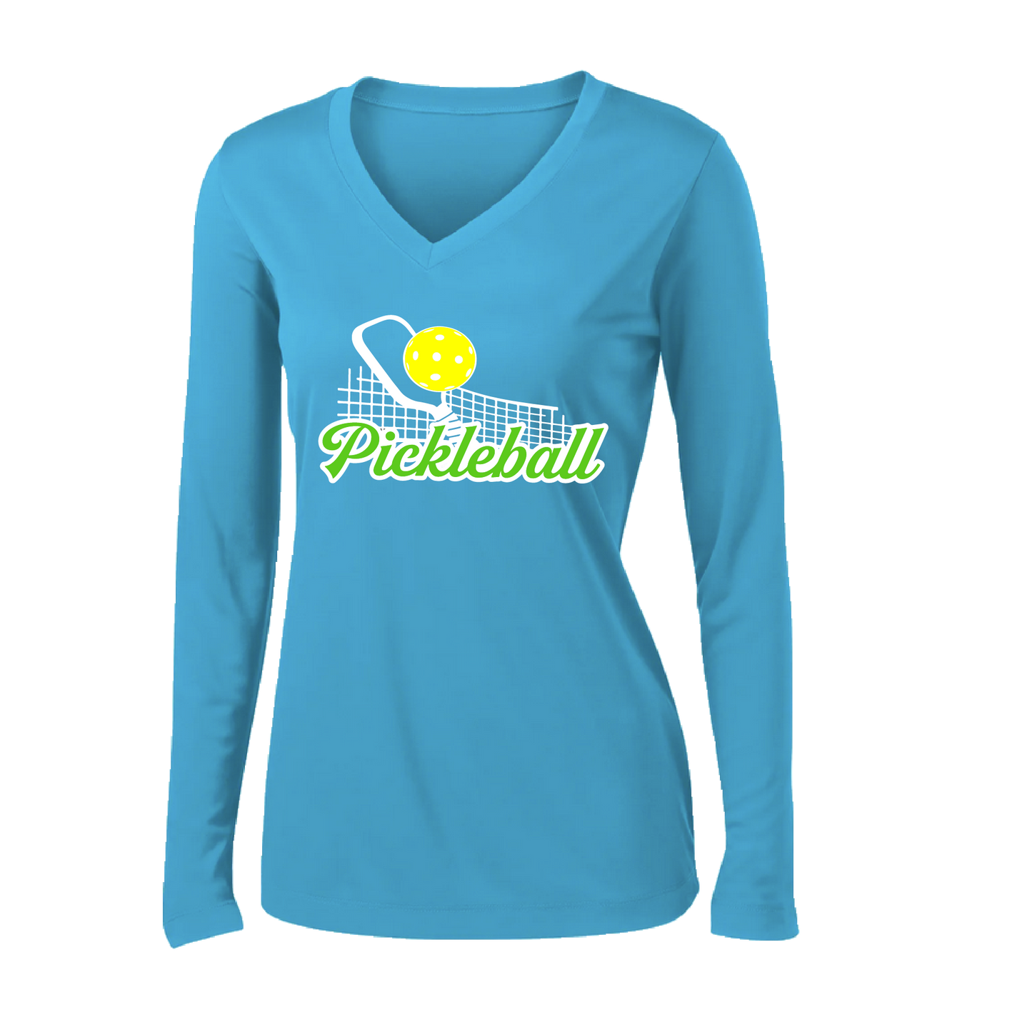 Pickleball Design: Pickleball and Net  Women's Style: Long Sleeve V-Neck  Turn up the volume in this Women's shirt with its perfect mix of softness and attitude. Material is ultra-comfortable with moisture wicking properties and tri-blend softness. PosiCharge technology locks in color. Highly breathable and lightweight.