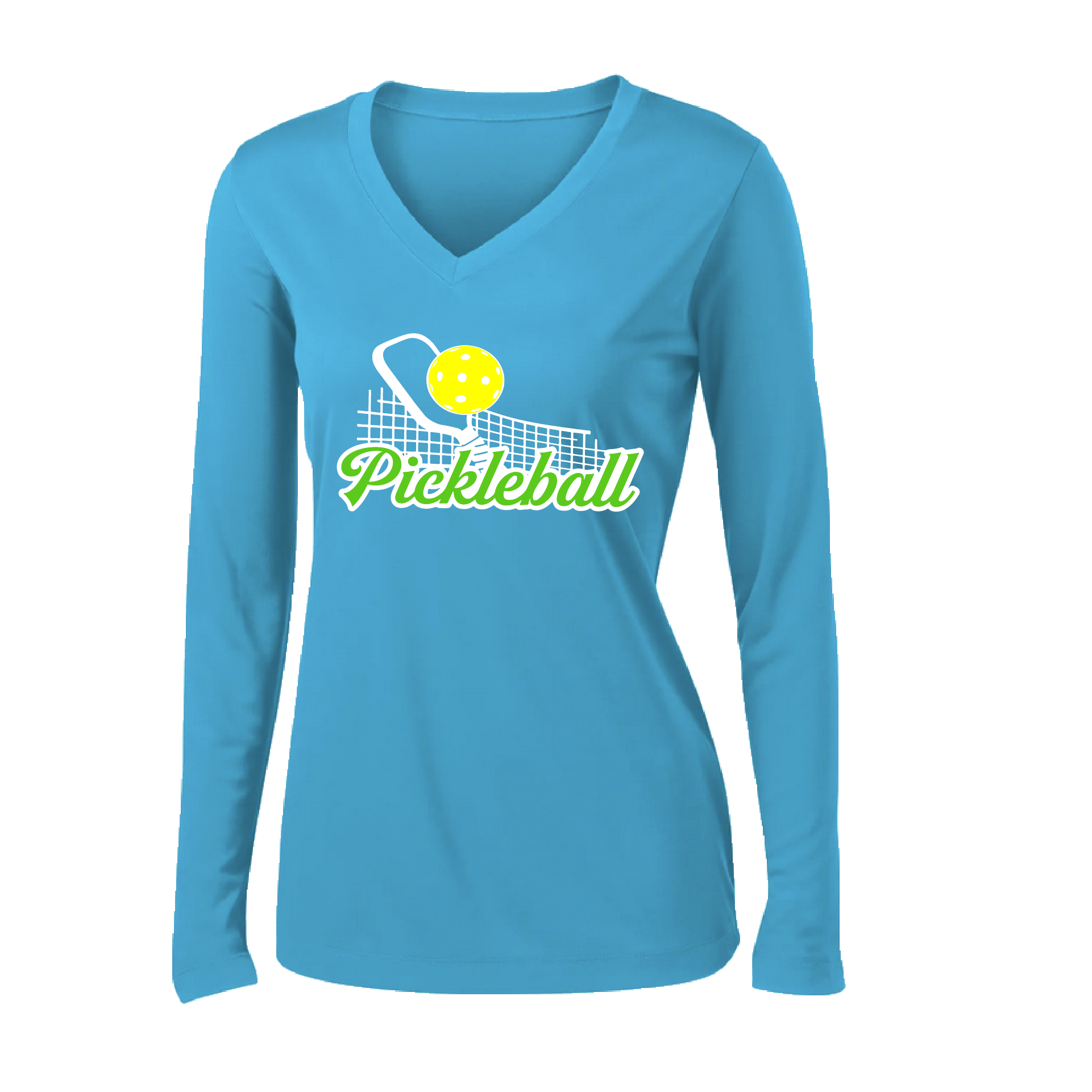 Pickleball Design: Pickleball and Net  Women's Style: Long Sleeve V-Neck  Turn up the volume in this Women's shirt with its perfect mix of softness and attitude. Material is ultra-comfortable with moisture wicking properties and tri-blend softness. PosiCharge technology locks in color. Highly breathable and lightweight.