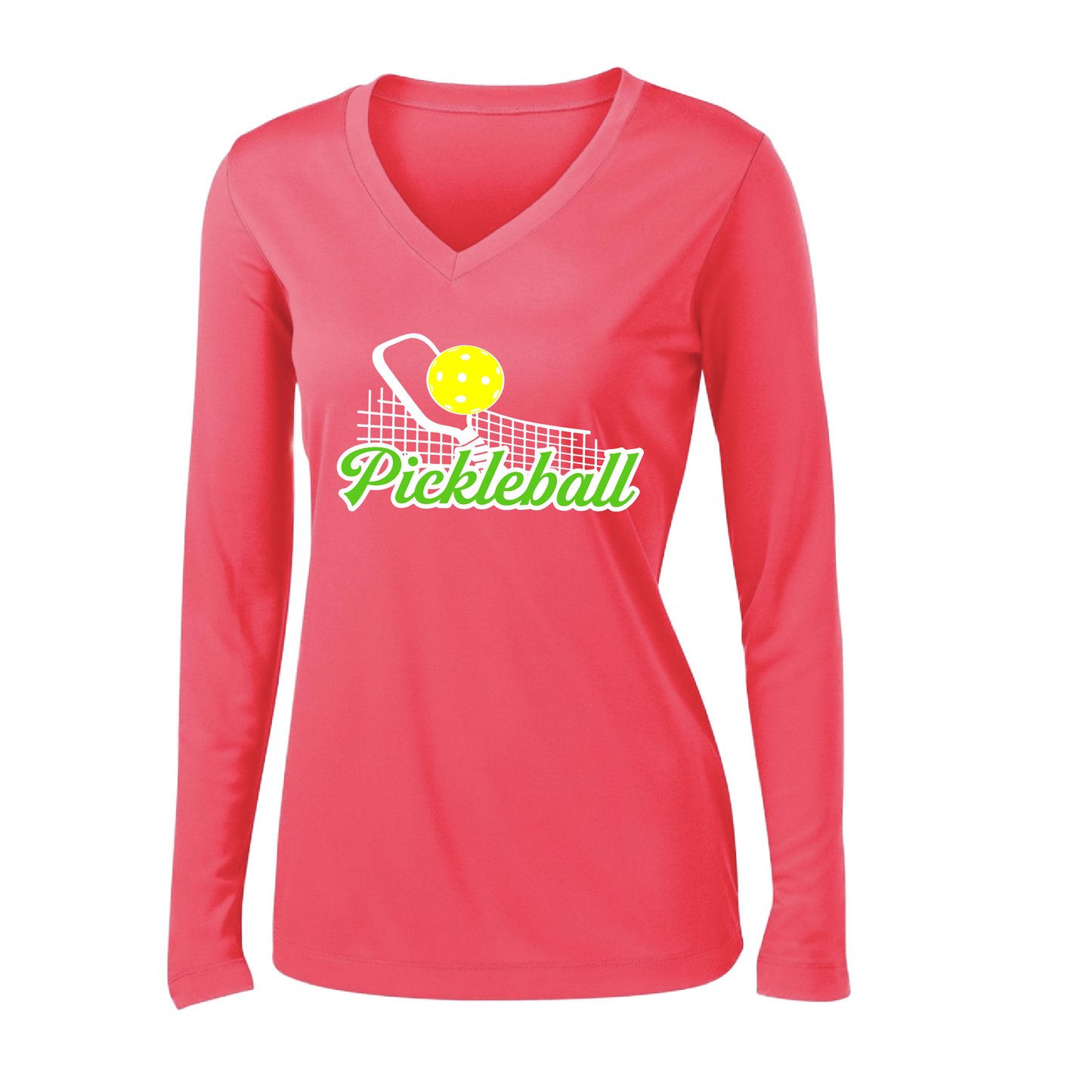 Pickleball Design: Pickleball and Net  Women's Style: Long Sleeve V-Neck  Turn up the volume in this Women's shirt with its perfect mix of softness and attitude. Material is ultra-comfortable with moisture wicking properties and tri-blend softness. PosiCharge technology locks in color. Highly breathable and lightweight.