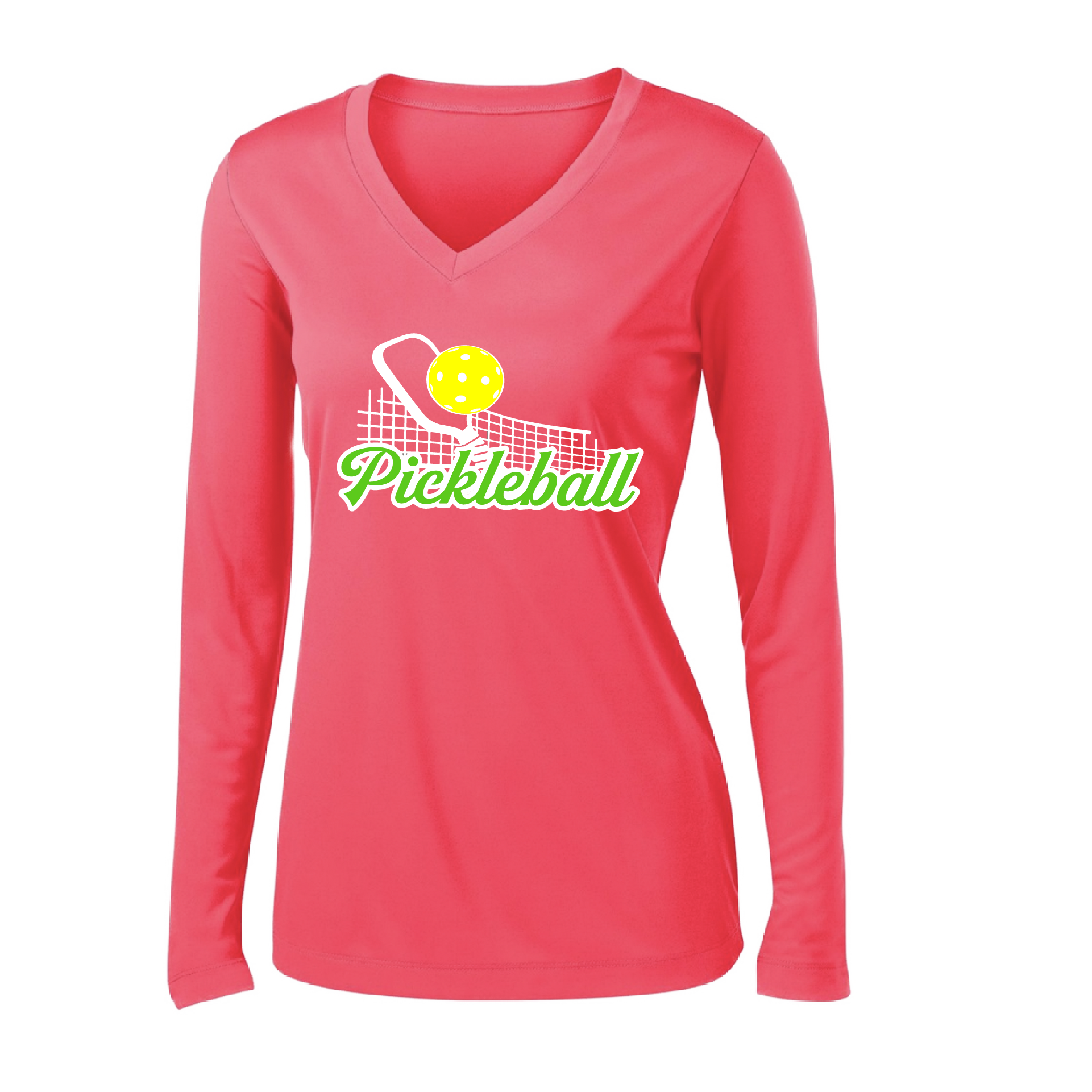 Pickleball Design: Pickleball and Net  Women's Style: Long Sleeve V-Neck  Turn up the volume in this Women's shirt with its perfect mix of softness and attitude. Material is ultra-comfortable with moisture wicking properties and tri-blend softness. PosiCharge technology locks in color. Highly breathable and lightweight.